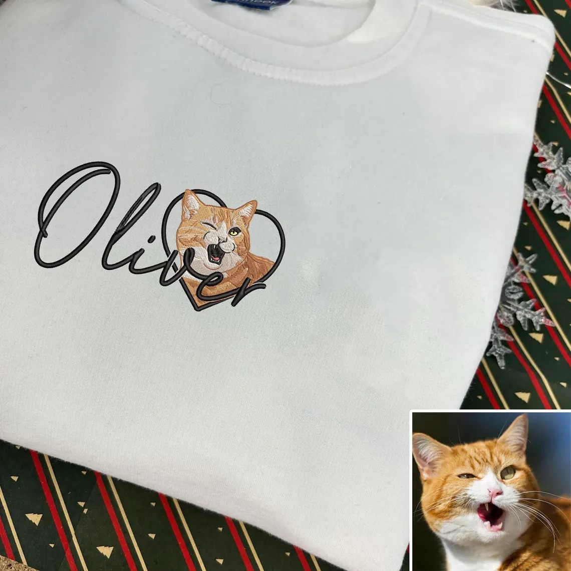 Custom Pet Portrait Embroidered Sweatshirt – Personalized Dog & Cat Sweater With Name