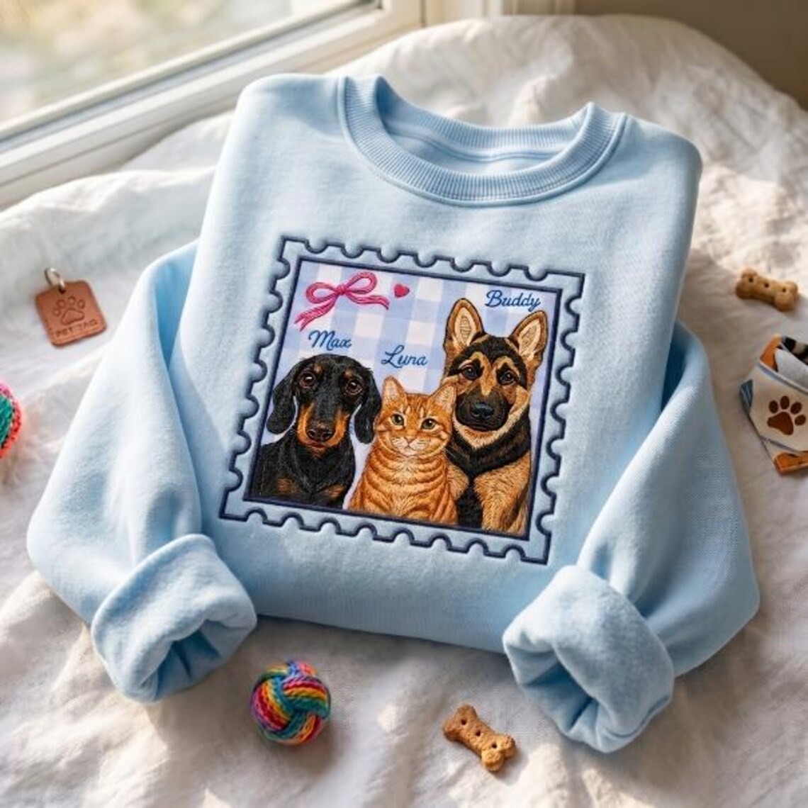 Embroidered Personalized DPet Portrait Shirt – Stamp Coquette Cat & Dog Mom Appliqué Tee