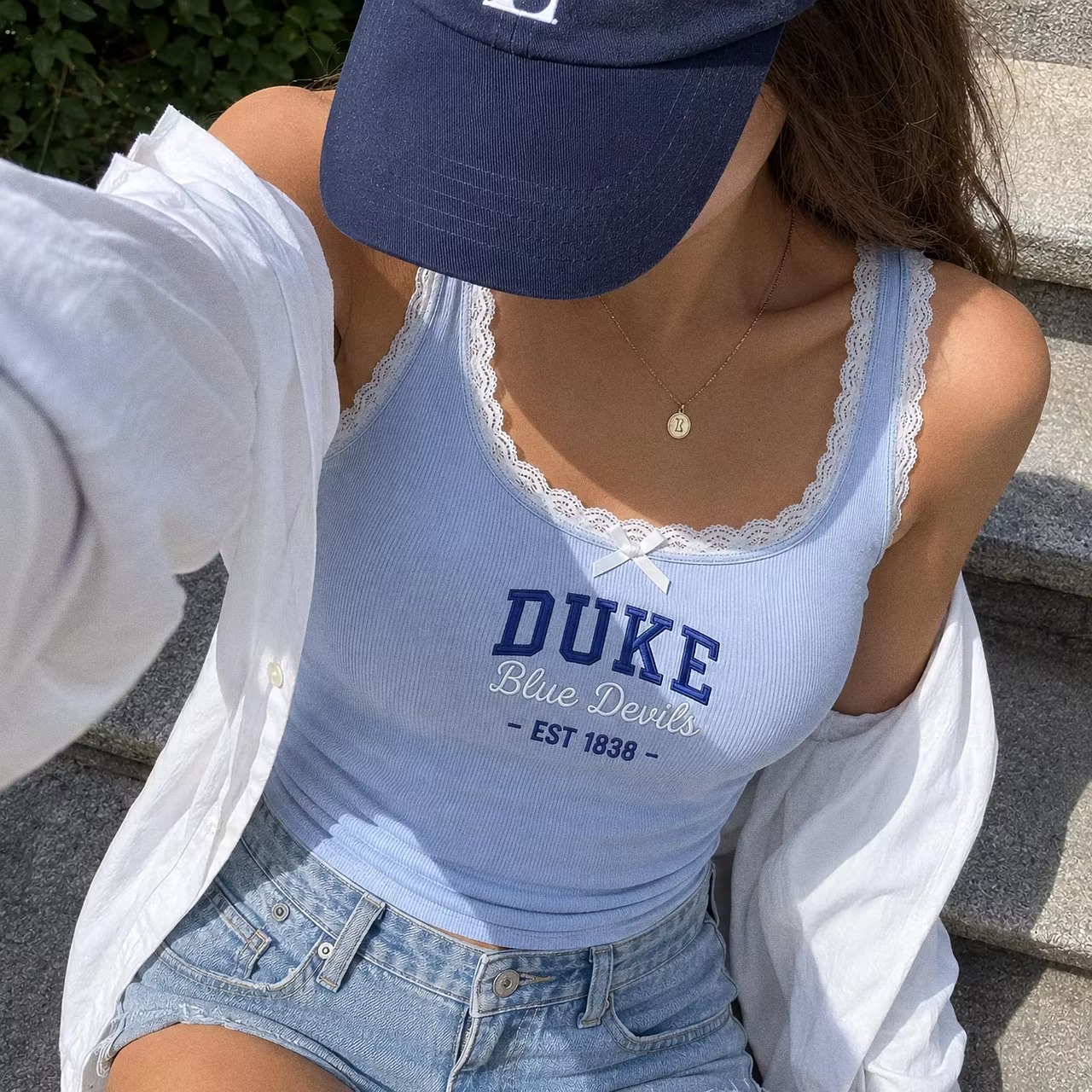 Custom College Lace Tank Top – Personalized University Embroidered Cami | Coquette Game Day School Spirit Outfit