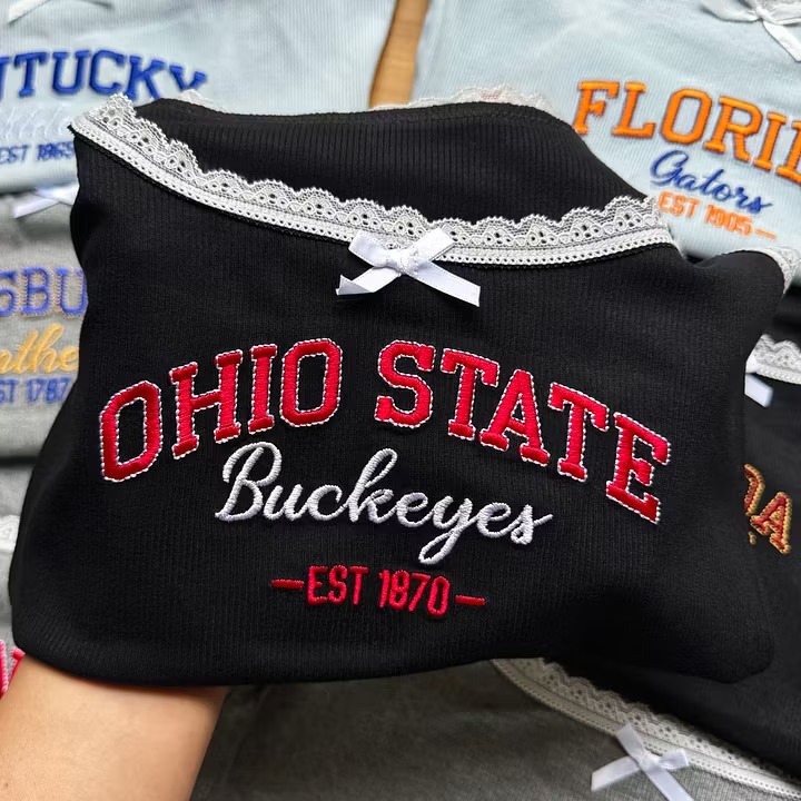 Custom College Lace Tank Top – Personalized University Embroidered Cami | Coquette Game Day School Spirit Outfit