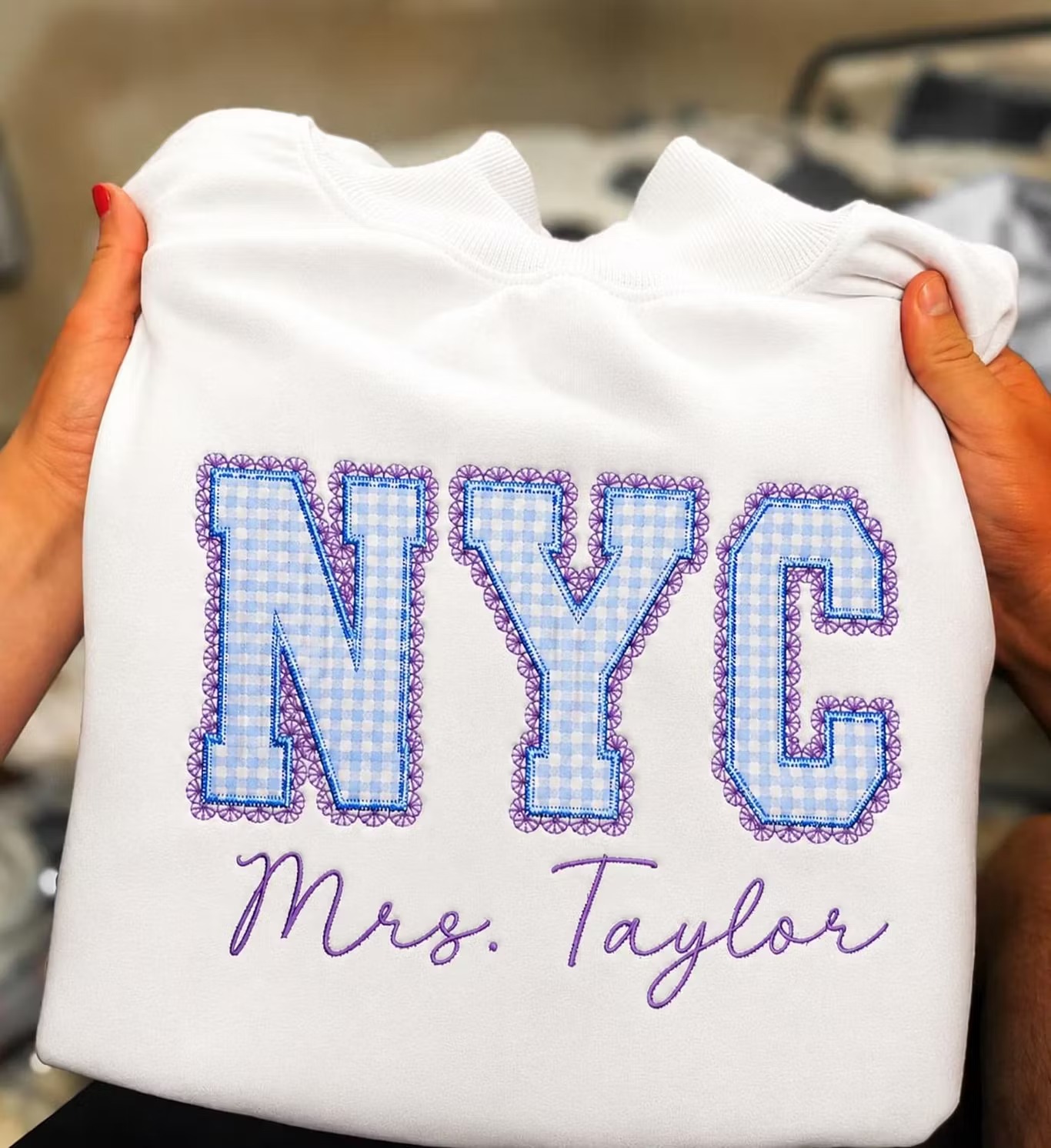 Custom Gingham Varsity Letter Appliqué Sweatshirt / Hoodie – Personalized College Style Spirit Wear