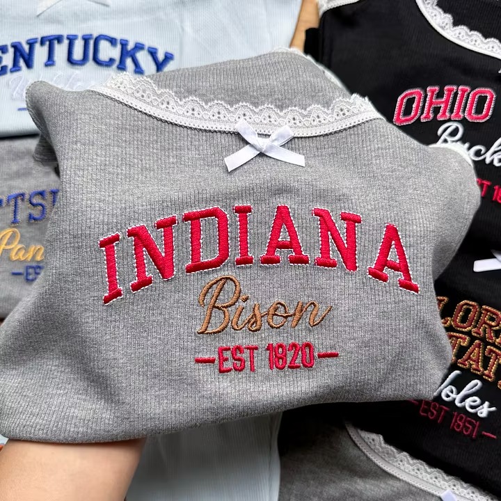 Custom College Lace Tank Top – Personalized University Embroidered Cami | Coquette Game Day School Spirit Outfit
