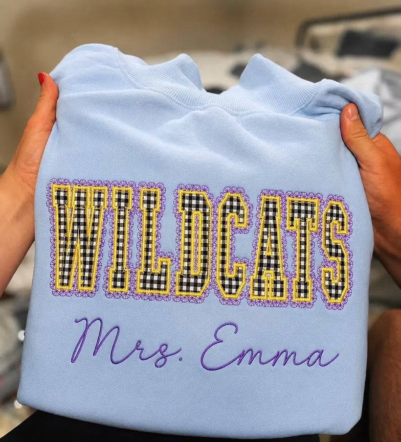 Custom Gingham Varsity Letter Appliqué Sweatshirt / Hoodie – Personalized College Style Spirit Wear