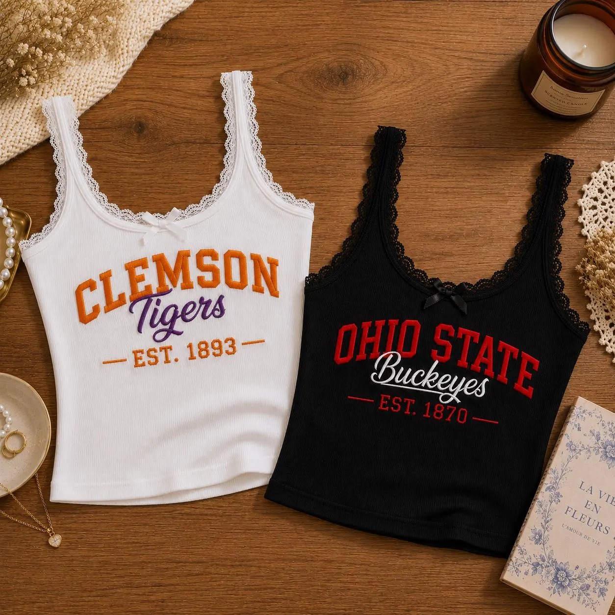 Custom College Lace Tank Top – Personalized University Embroidered Cami | Coquette Game Day School Spirit Outfit