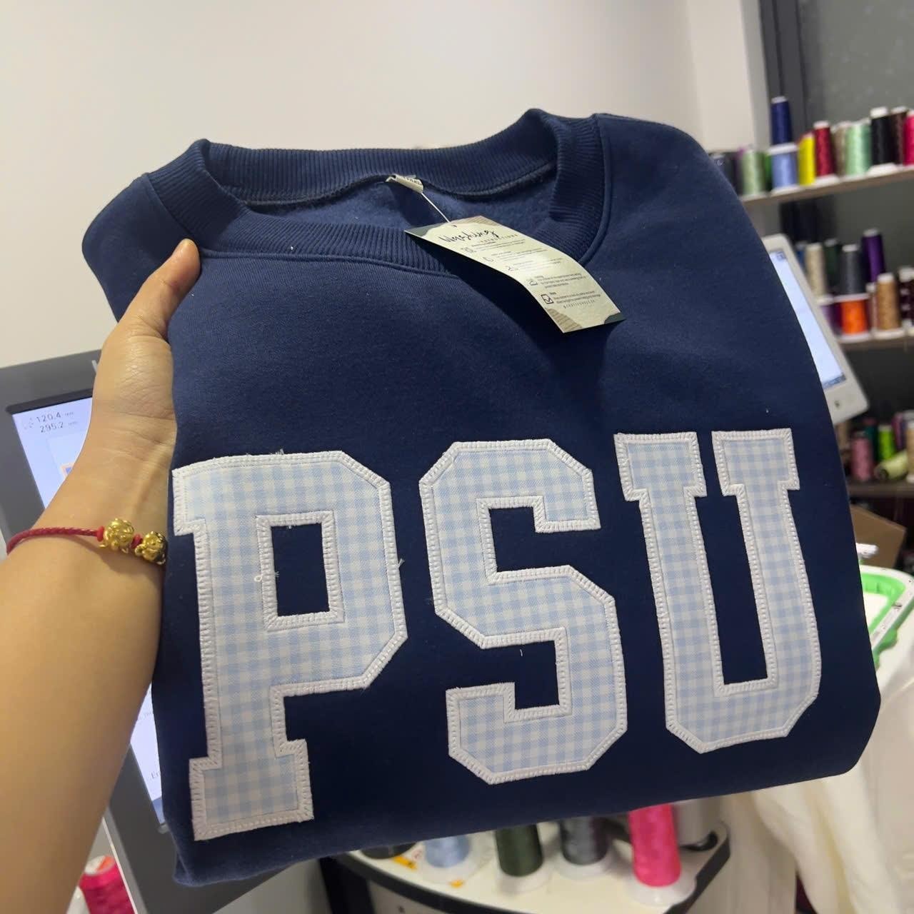 College Gingham Appliqué Sweatshirt – Custom University Crewneck | Preppy Varsity Letter Game Day Pullover