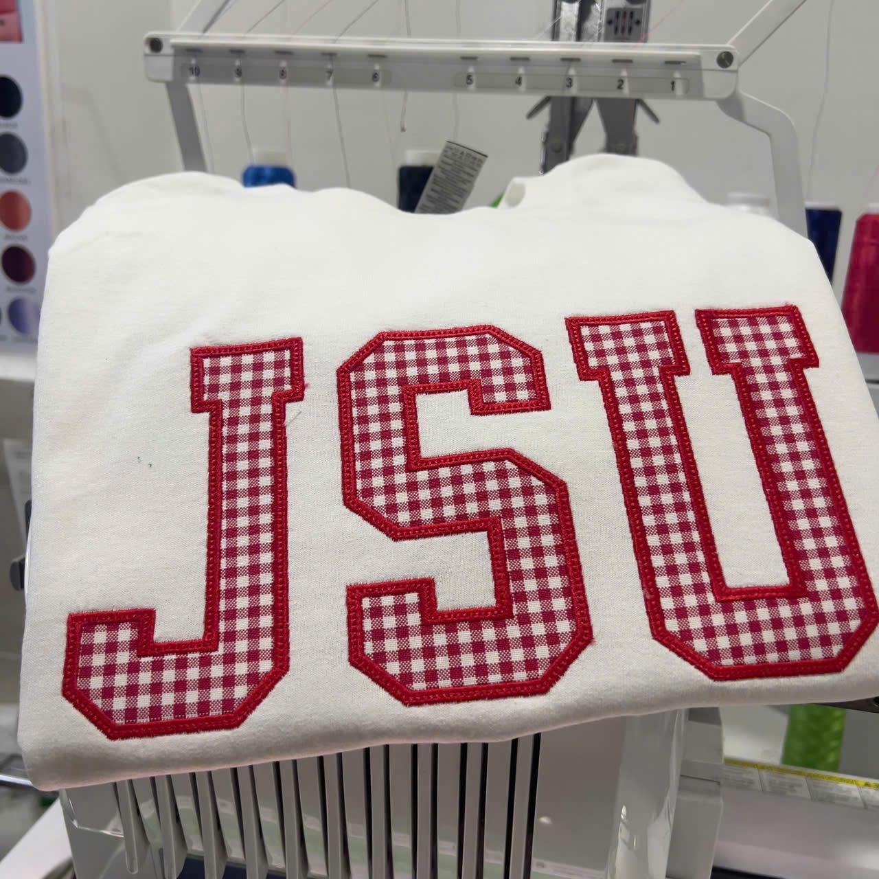 College Gingham Appliqué Sweatshirt – Custom University Crewneck | Preppy Varsity Letter Game Day Pullover