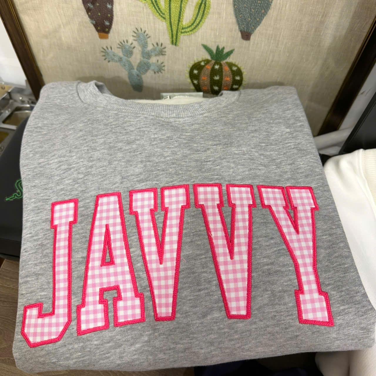 College Gingham Appliqué Sweatshirt – Custom University Crewneck | Preppy Varsity Letter Game Day Pullover
