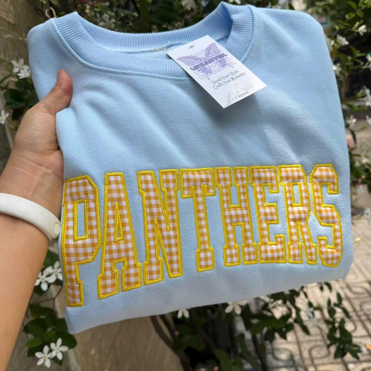 College Gingham Appliqué Sweatshirt – Custom University Crewneck | Preppy Varsity Letter Game Day Pullover