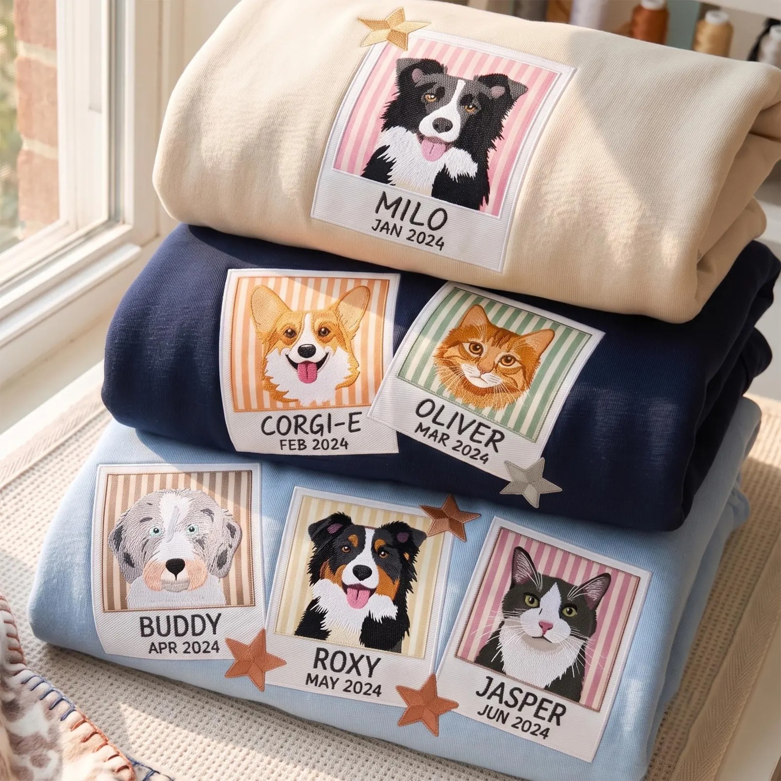 Personalized Pet Portrait Striped Appliqué Sweatshirt – Polaroid Pet Photo Shirt