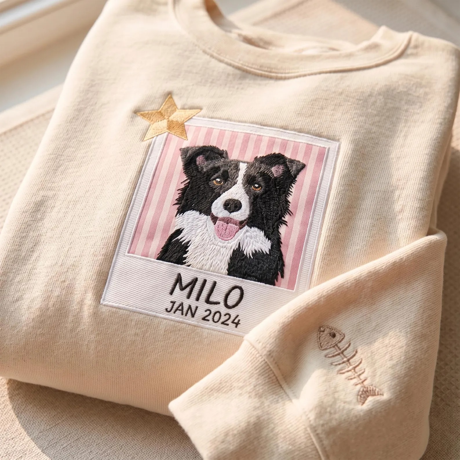 Personalized Pet Portrait Striped Appliqué Sweatshirt – Polaroid Pet Photo Shirt