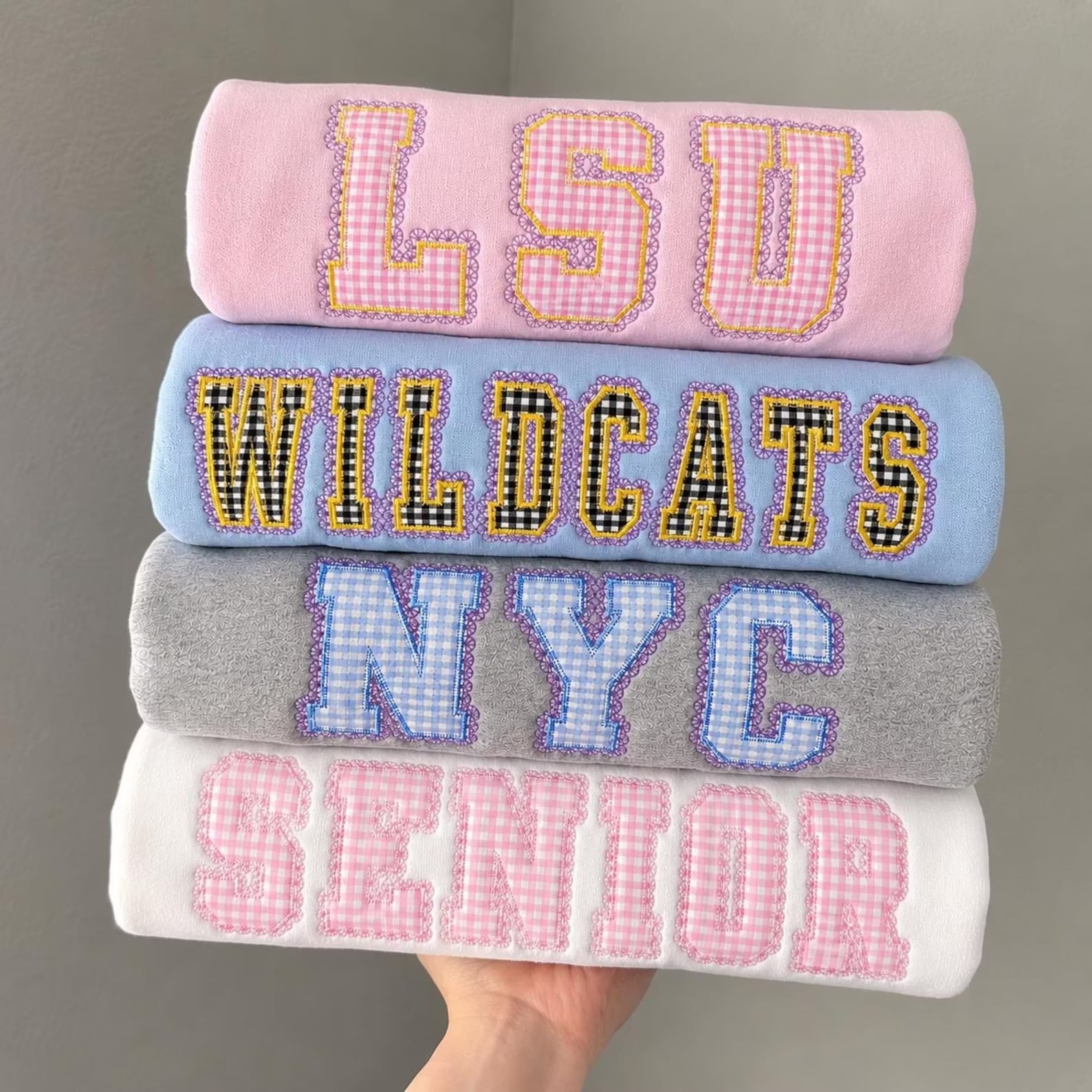 Custom Gingham Varsity Letter Appliqué Sweatshirt / Hoodie – Personalized College Style Spirit Wear