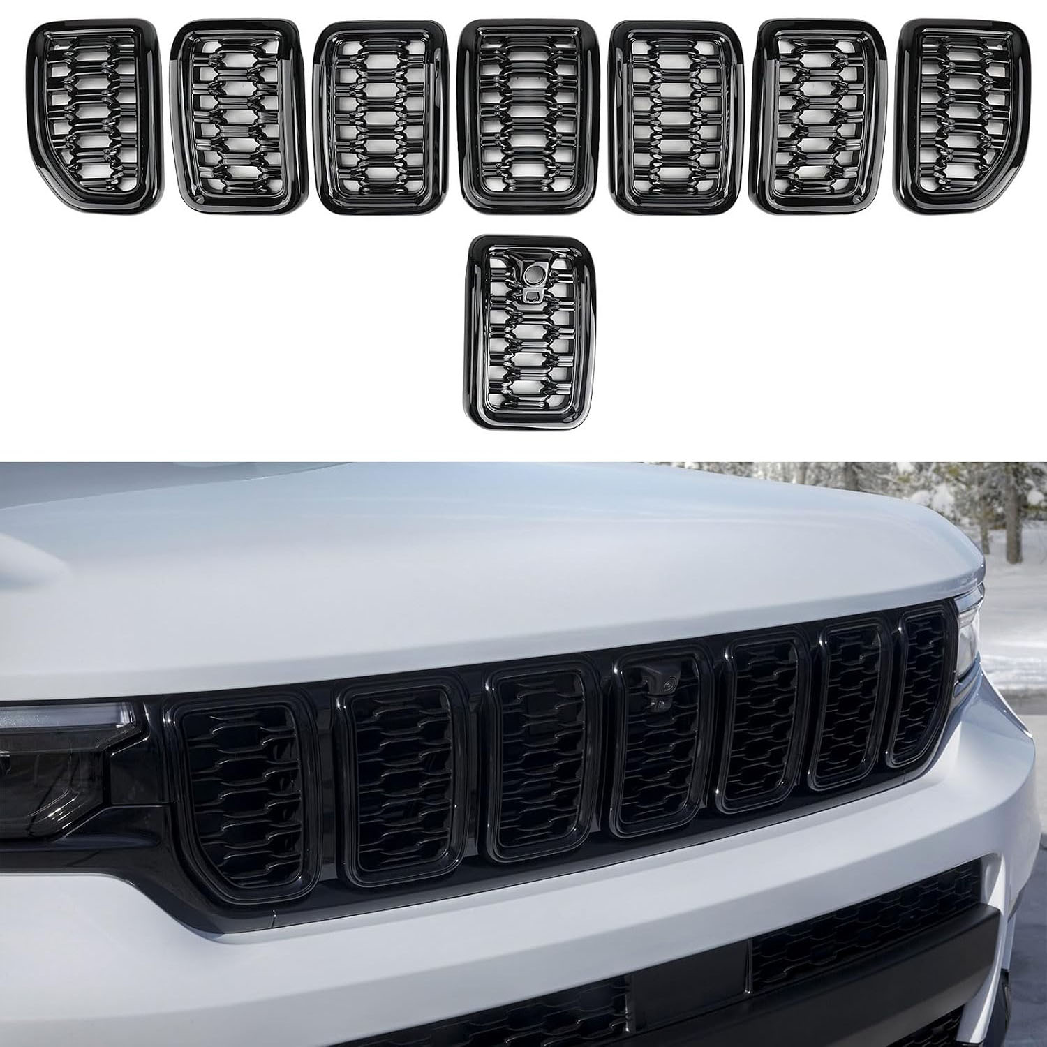 Covelta 8PCS Glossy Black Honeycomb Mesh Front Grill Inserts Replace for Jeep Grand Cherokee 2022-2025 WL and 2021-2025 L 