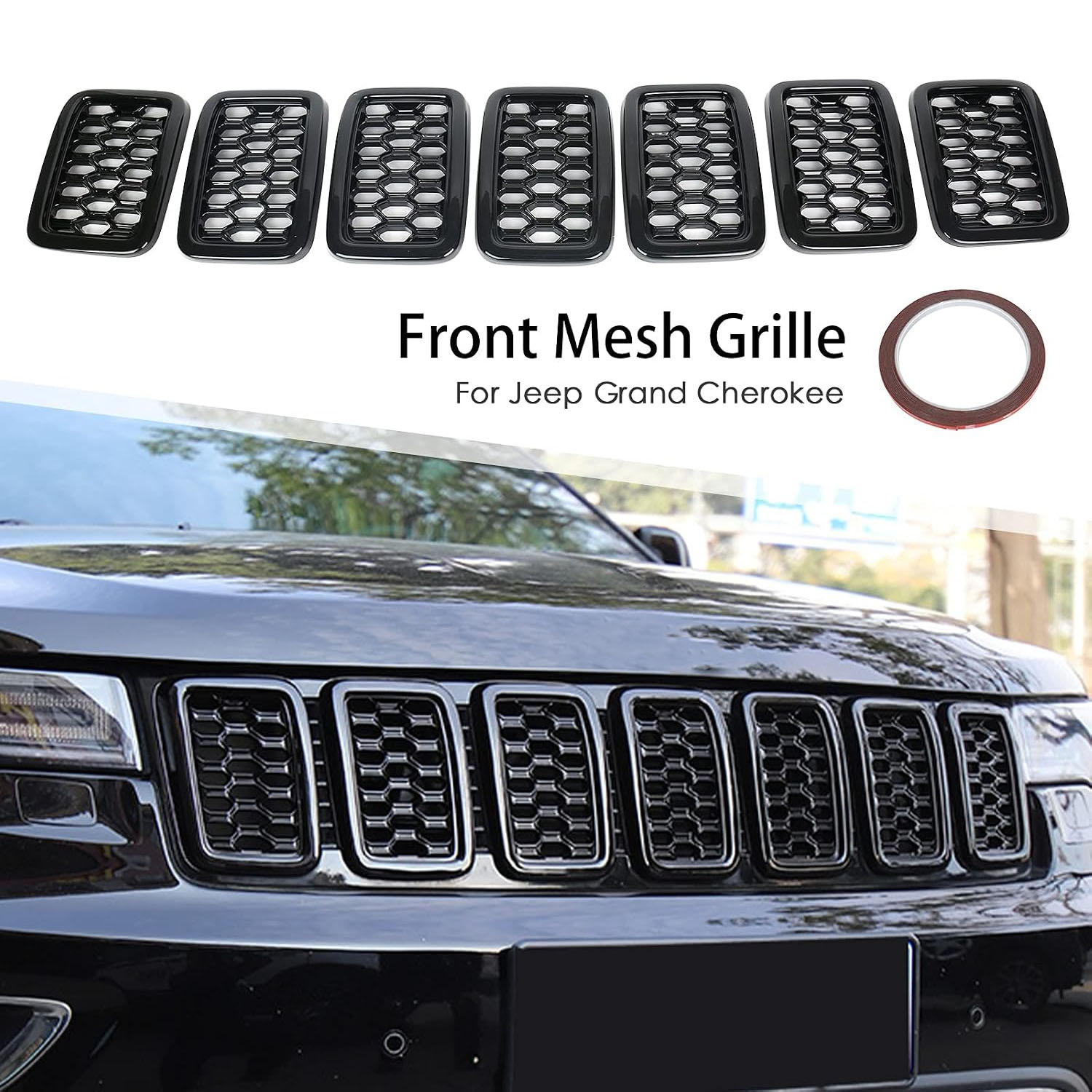 Covelta 7PCS Glossy Black Honeycomb Mesh Front Grille Inserts kits Replace for 2017-2021 Jeep Grand Cherokee