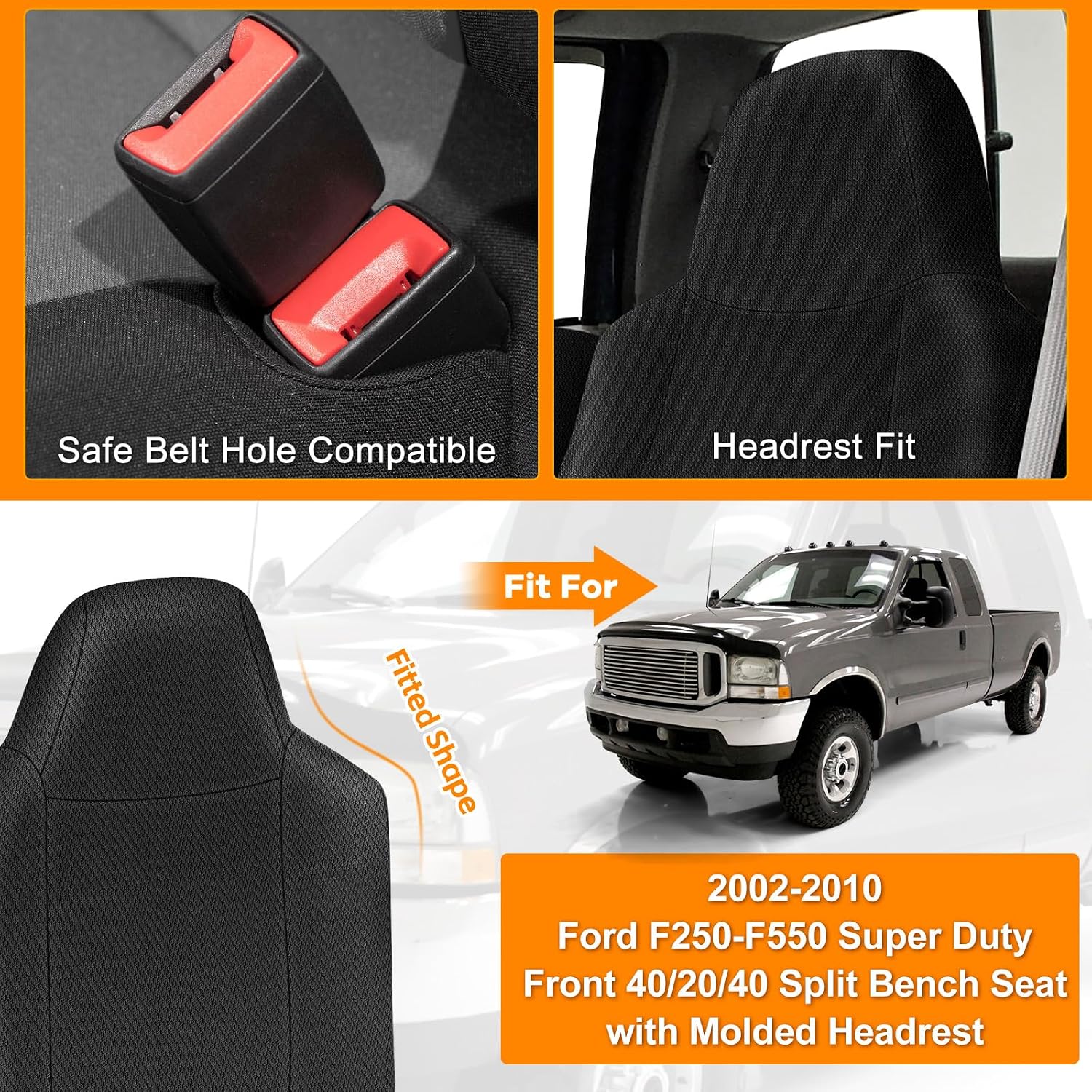 Front Seat Cover Replacement for 2002–2010 Ford F250–F550 Super Duty | 40/20/40 Split Bench Seat with Molded Headrests