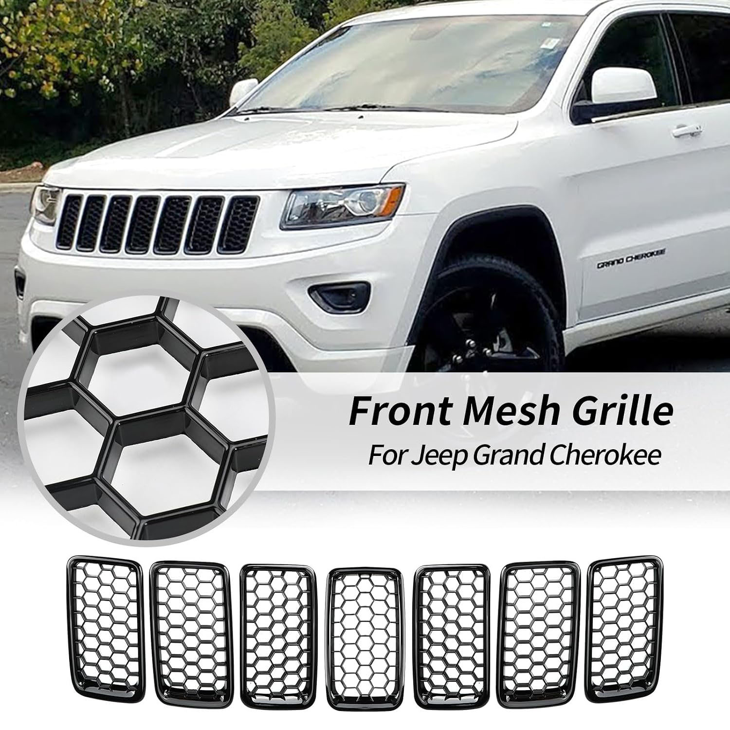 Covelta 7PCS Glossy Black Honeycomb Mesh Front Grill Inserts kits Replace for 2014-2016 Jeep Grand Cherokee WK 