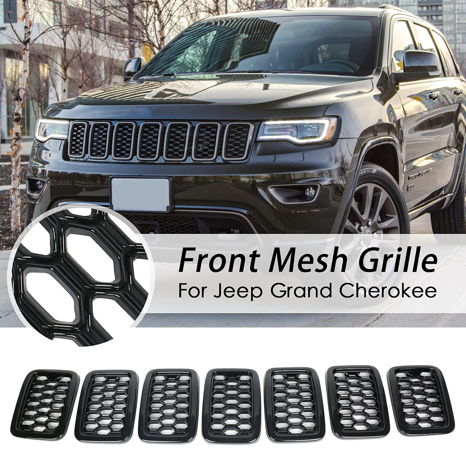 Covelta 7PCS Glossy Black Honeycomb Mesh Front Grille Inserts kits Replace for 2017-2021 Jeep Grand Cherokee