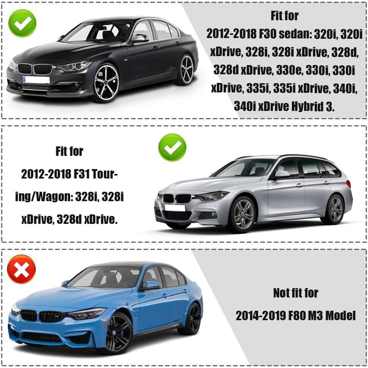 Covelta Front Kidney Grille Replacement for 2013–2018 BMW 3 Series F30 F31 F35, Gloss Black ABS, 2-Piece Set