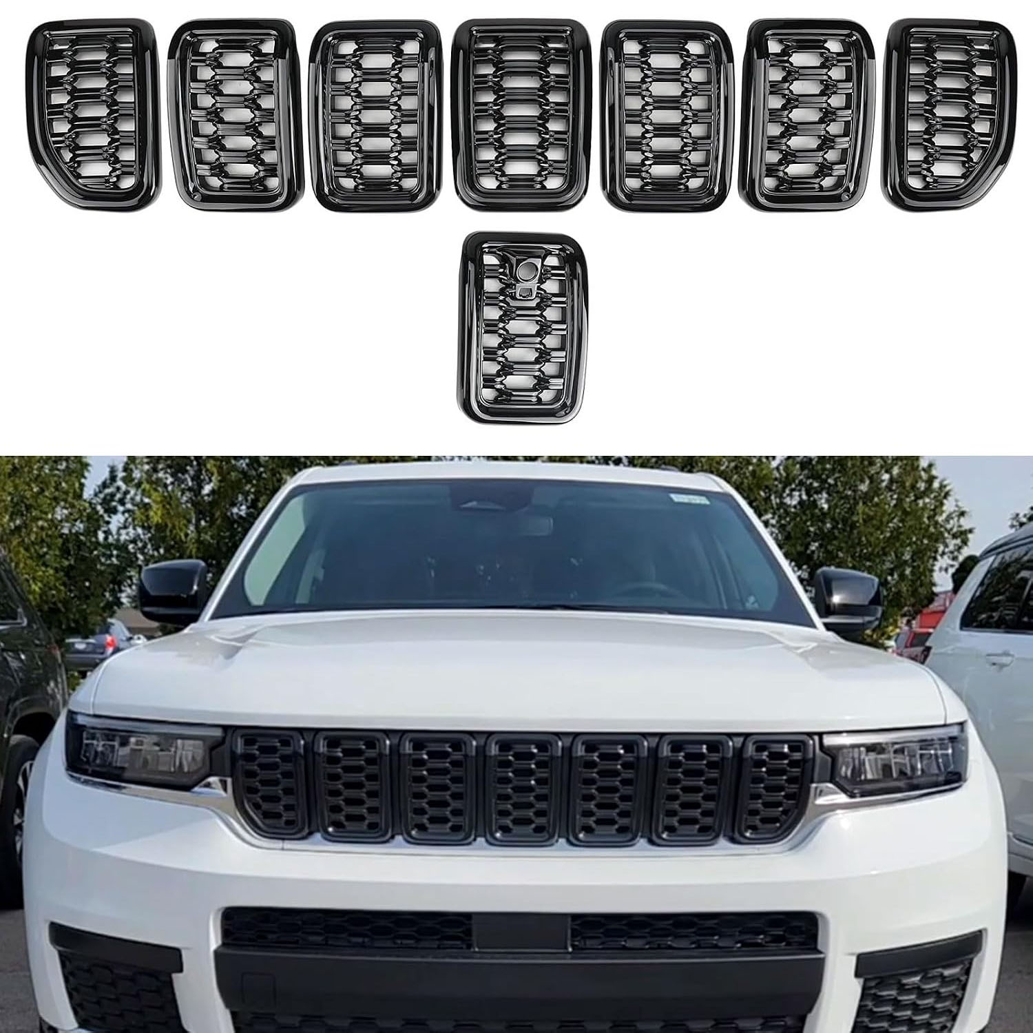 Covelta 8PCS Glossy Black Honeycomb Mesh Front Grill Inserts Replace for Jeep Grand Cherokee 2022-2025 WL and 2021-2025 L 