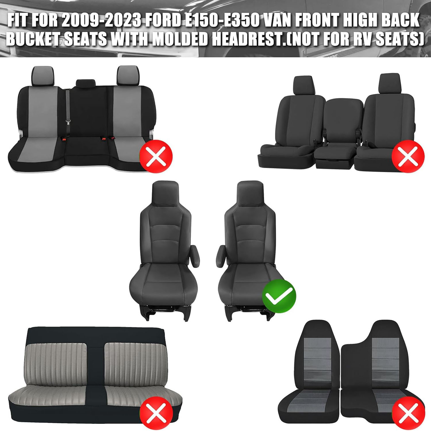Front Seat Cover for 2009–2023 Ford E150 E250 E350 Van（Black）