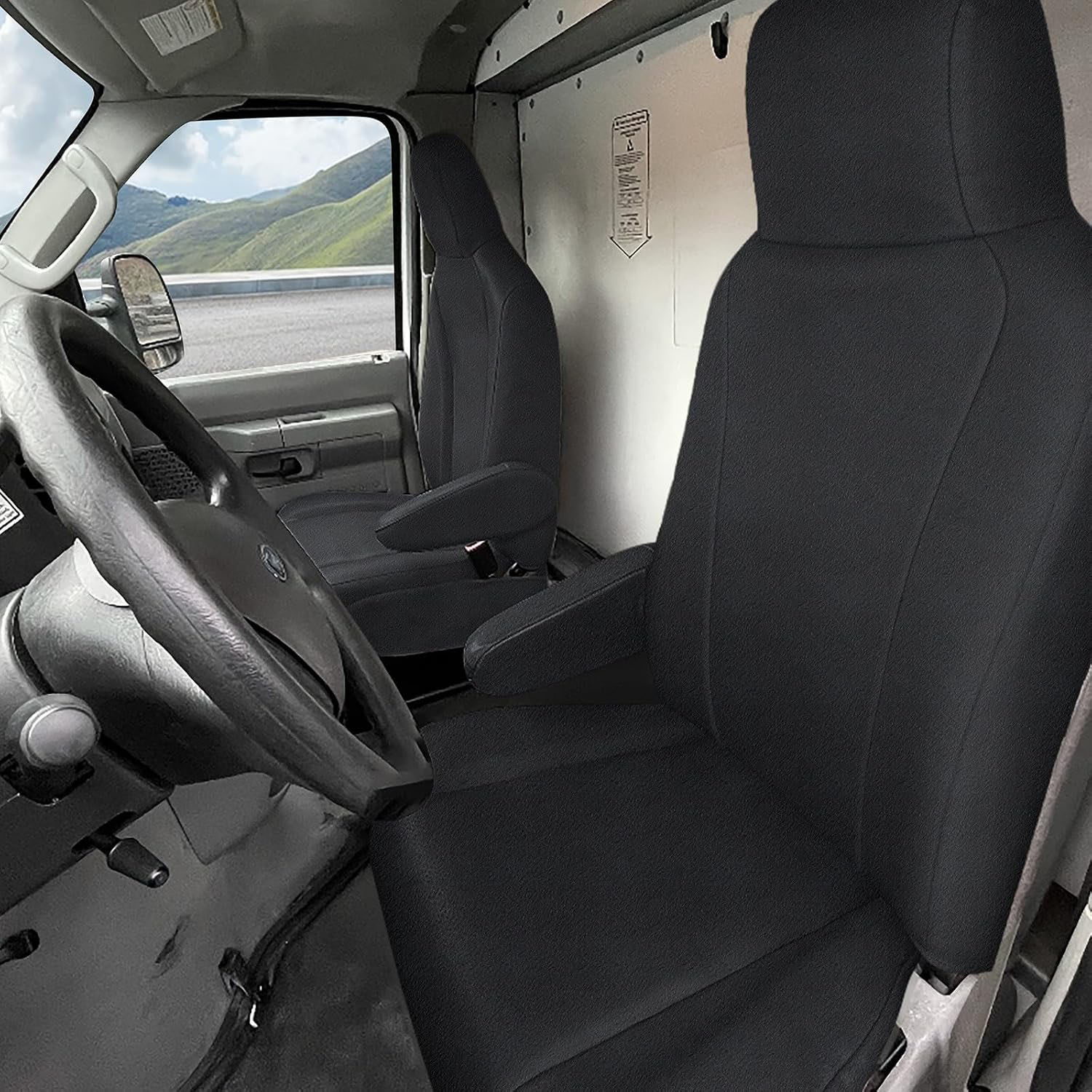 Front Seat Cover for 2009–2023 Ford E150 E250 E350 Van（Black）
