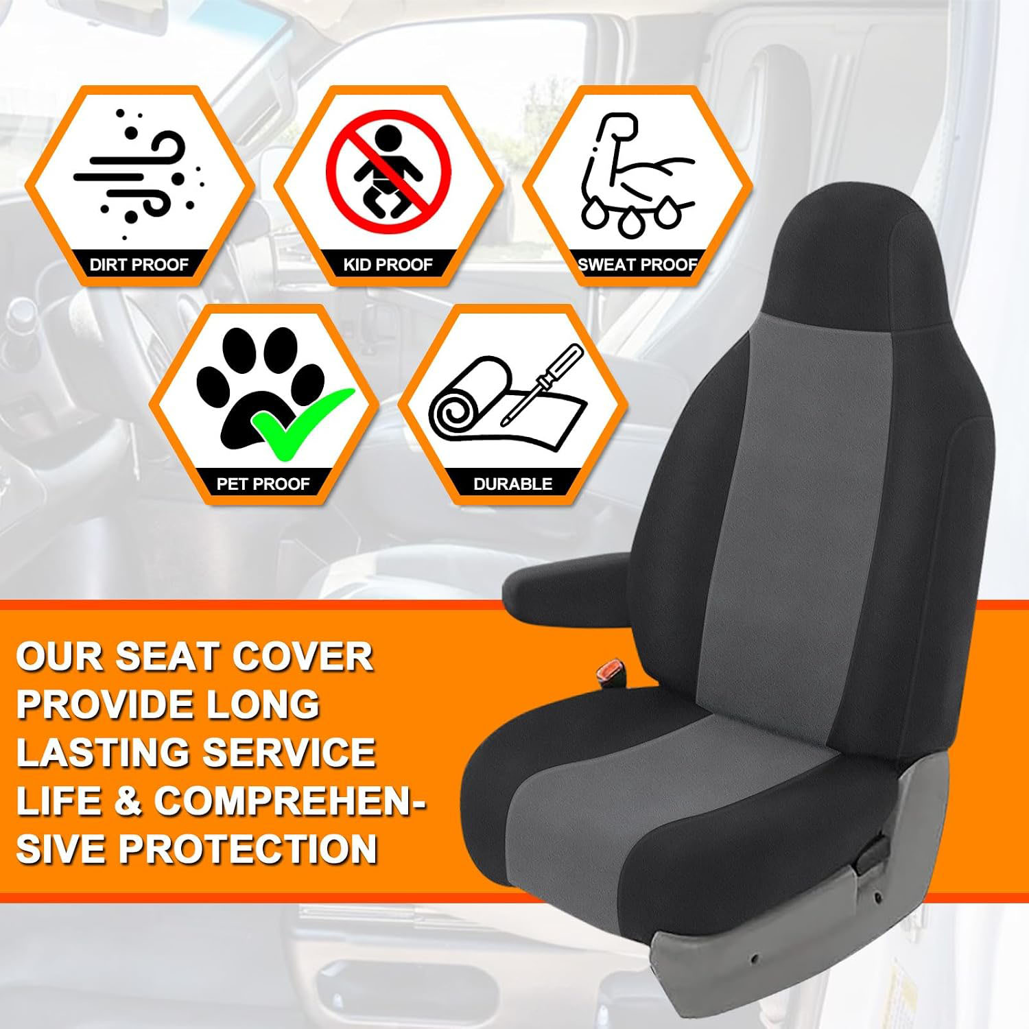 Front Seat Cover for 2009–2023 Ford E150 E250 E350 Van（Black/Charcoal）