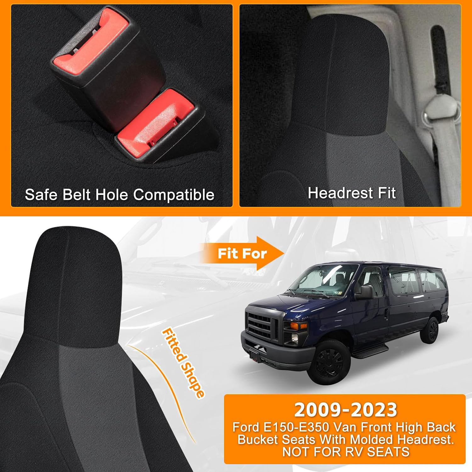 Front Seat Cover for 2009–2023 Ford E150 E250 E350 Van（Black/Charcoal）