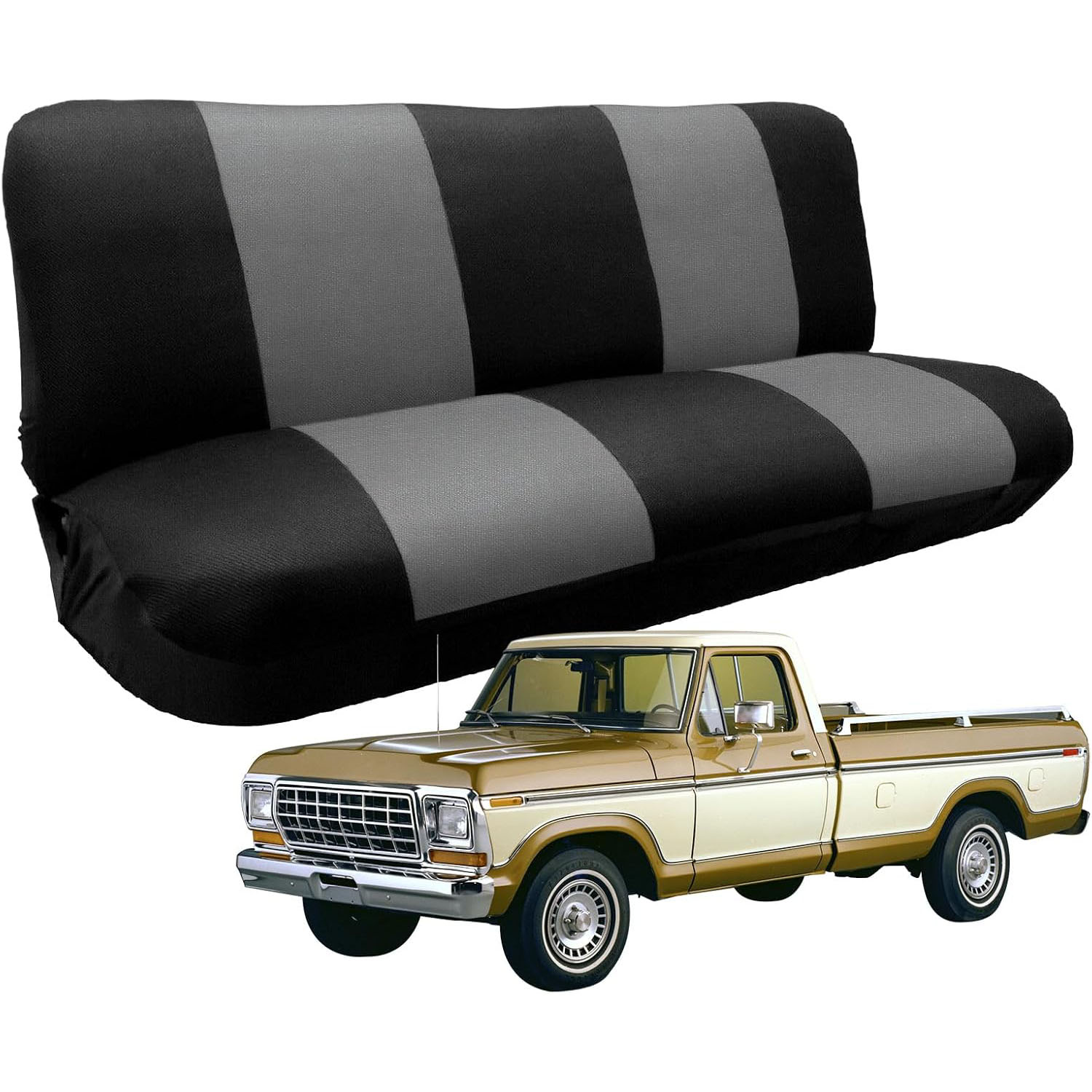 Front Bench Seat Cover for 1969–1996 Ford F100 F150 F250 Classic Truck(Black&Grey)