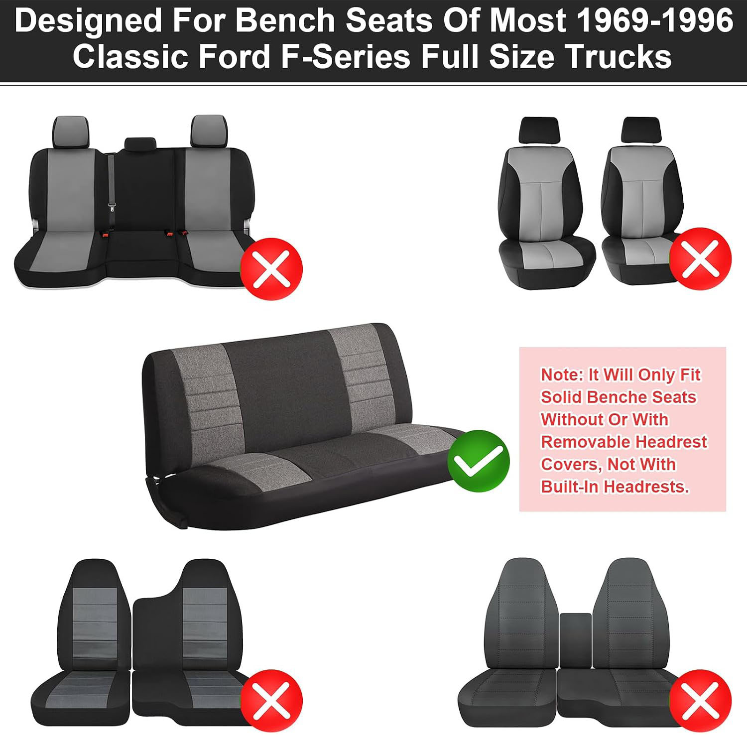 Front Bench Seat Cover for 1969–1996 Ford F100 F150 F250 Classic Truck(Black&Grey)