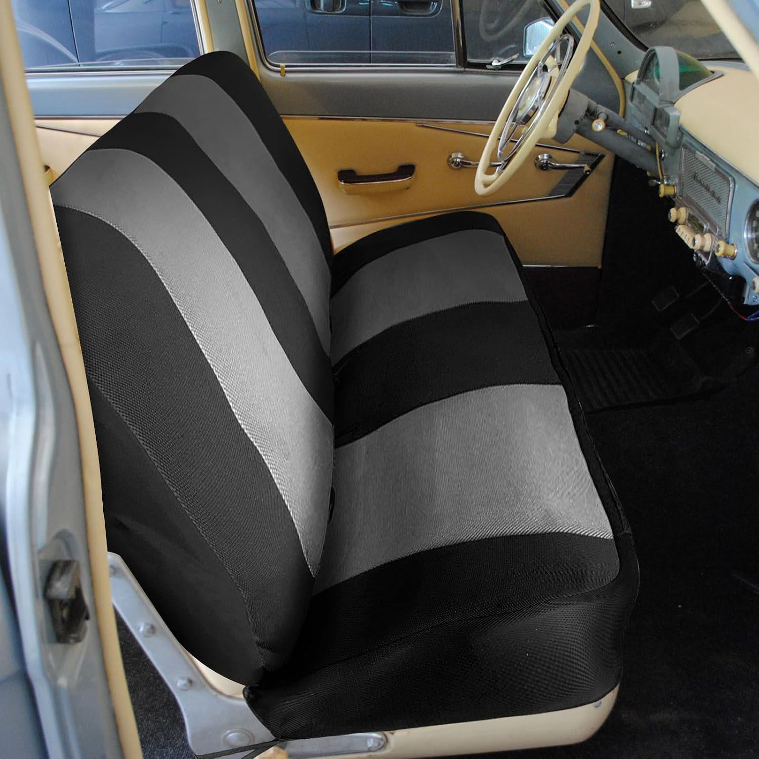 Front Bench Seat Cover for 1969–1996 Ford F100 F150 F250 Classic Truck(Black&Grey)