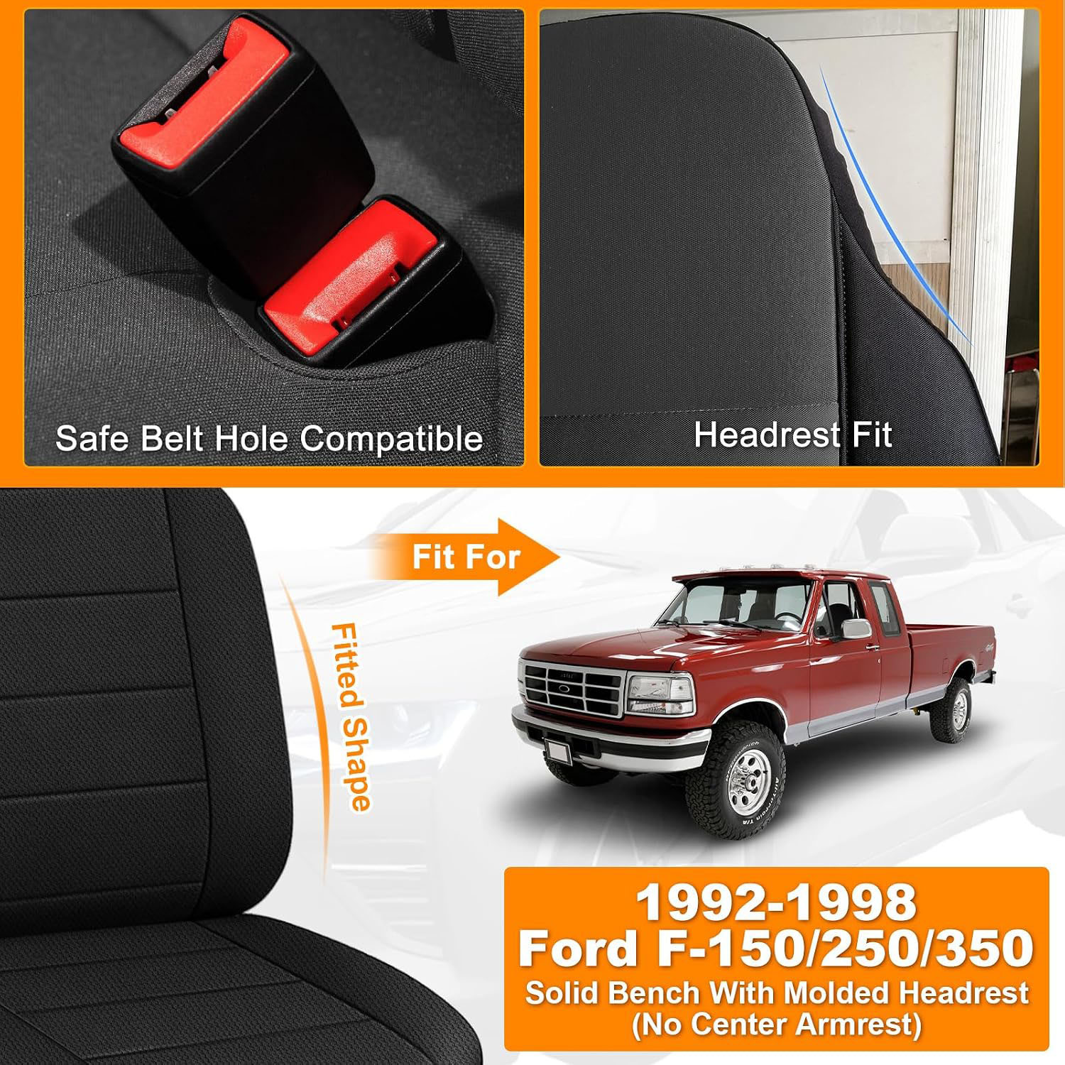Front Bench Seat Cover for 1992–1998 Ford F150 F250 F350（Black）
