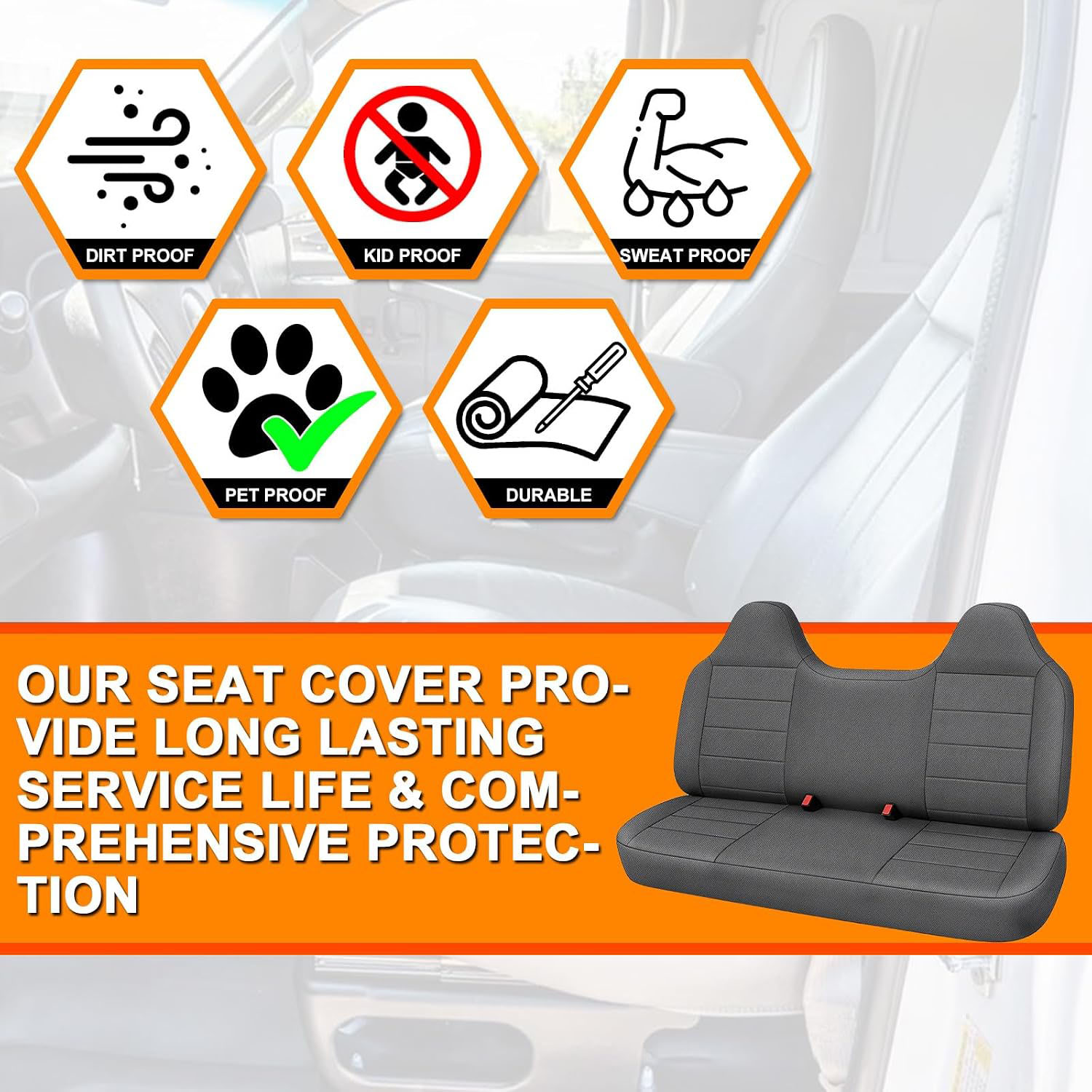 Front Bench Seat Cover for 1992–1998 Ford F150 F250 F350（Charcoal）