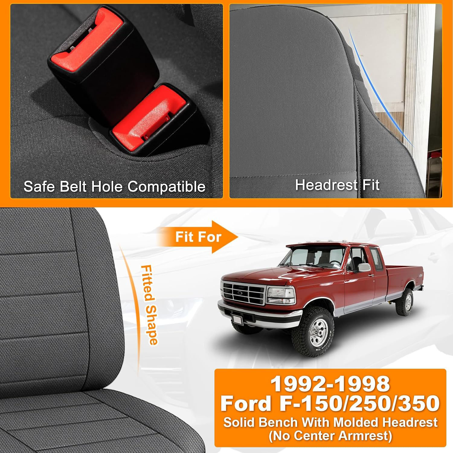 Front Bench Seat Cover for 1992–1998 Ford F150 F250 F350（Charcoal）