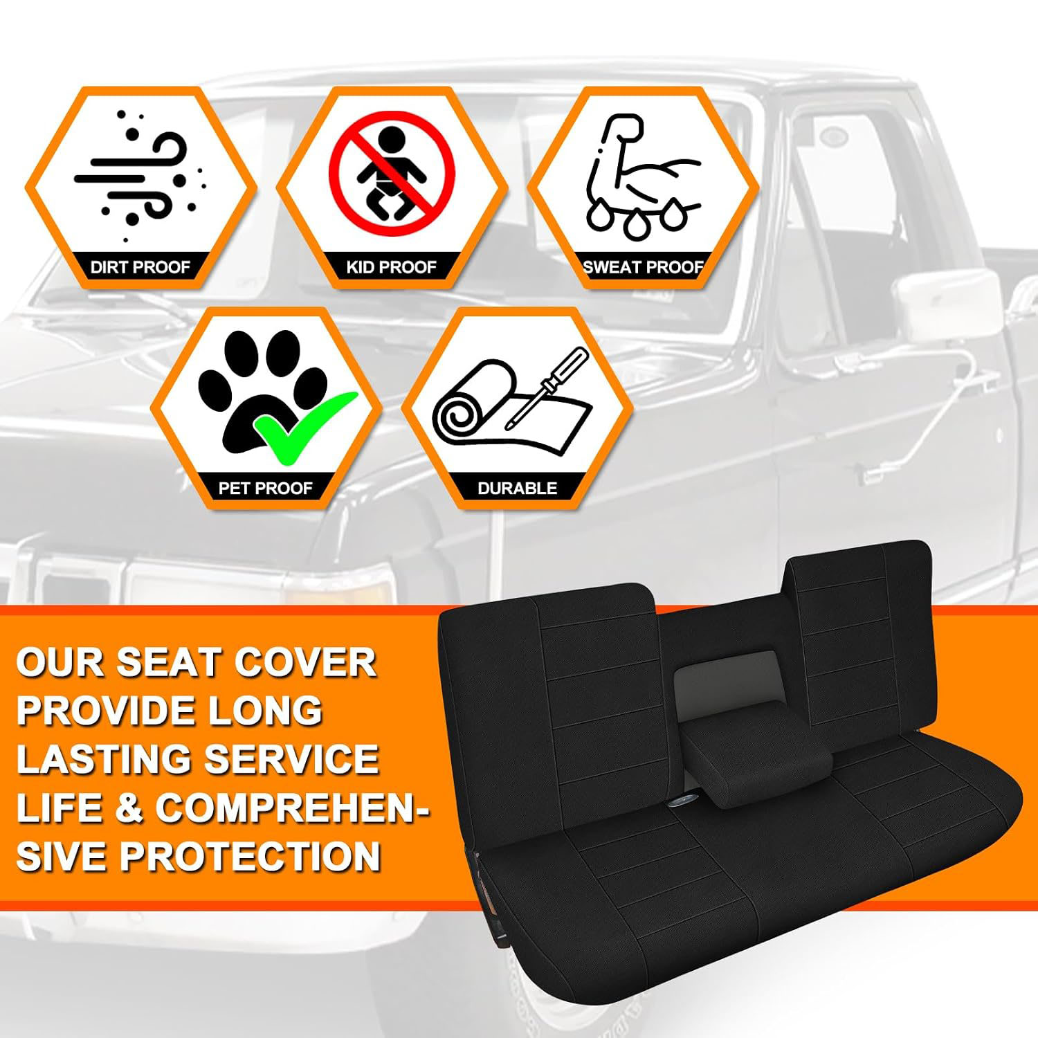 Covelta Front Bench Seat Cover for 1987–1991 Ford F150（Black）