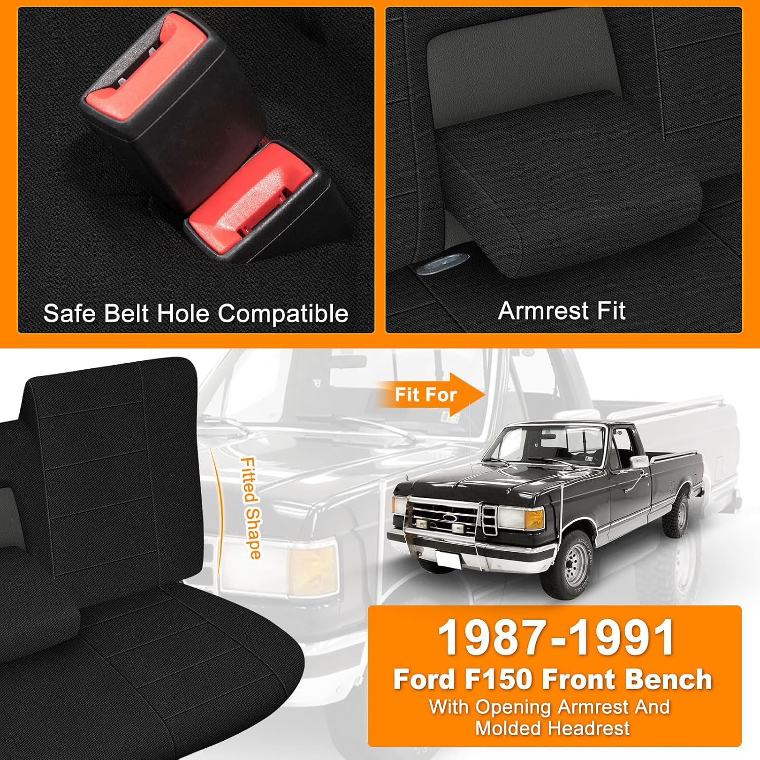 Covelta Front Bench Seat Cover for 1987–1991 Ford F150（Black）