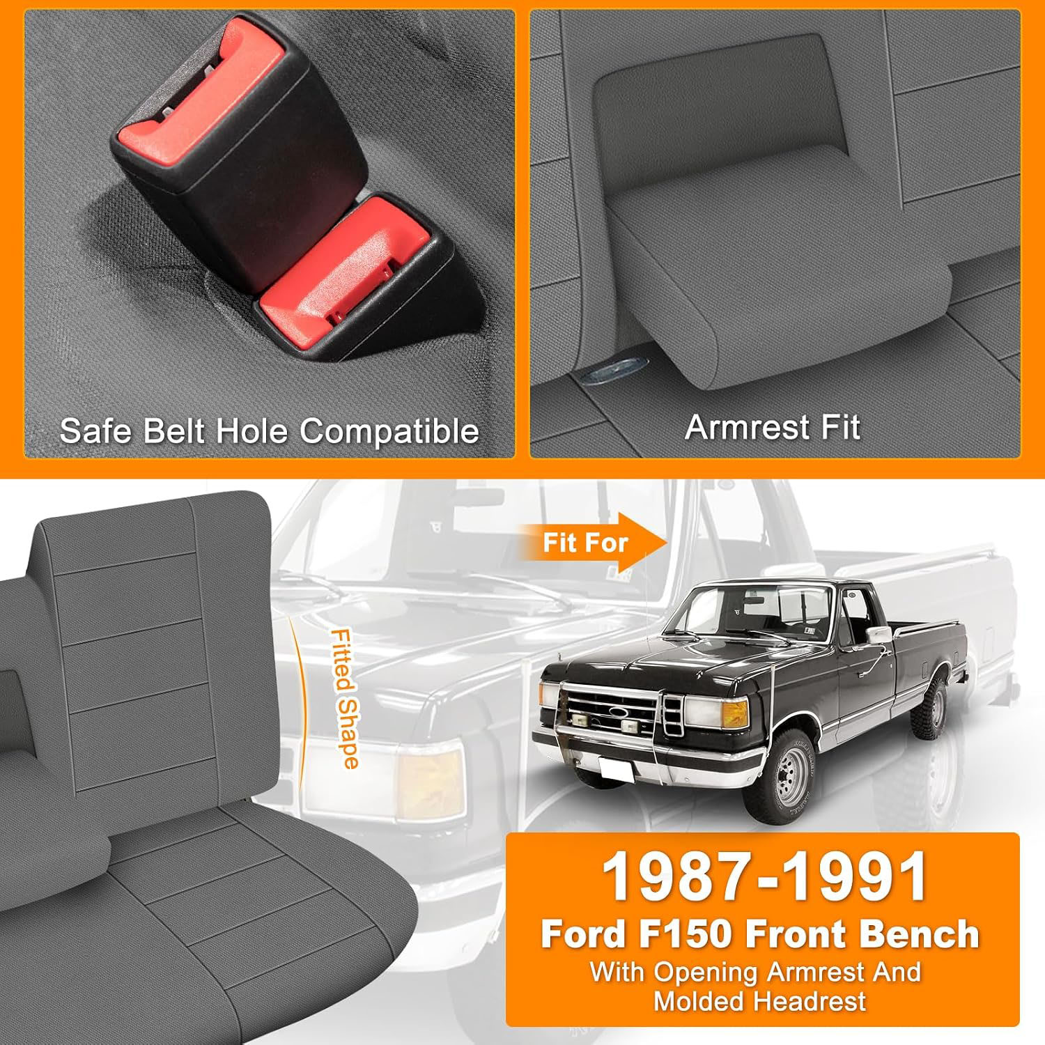 Covelta Front Bench Seat Cover for 1987–1991 Ford F150（Gray）