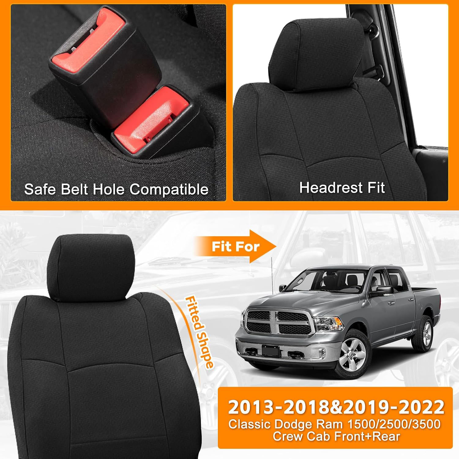 Covelta Front & Rear Seat Cover for 2013–2022 Dodge Ram 1500 2500 Crew Cab (Black)