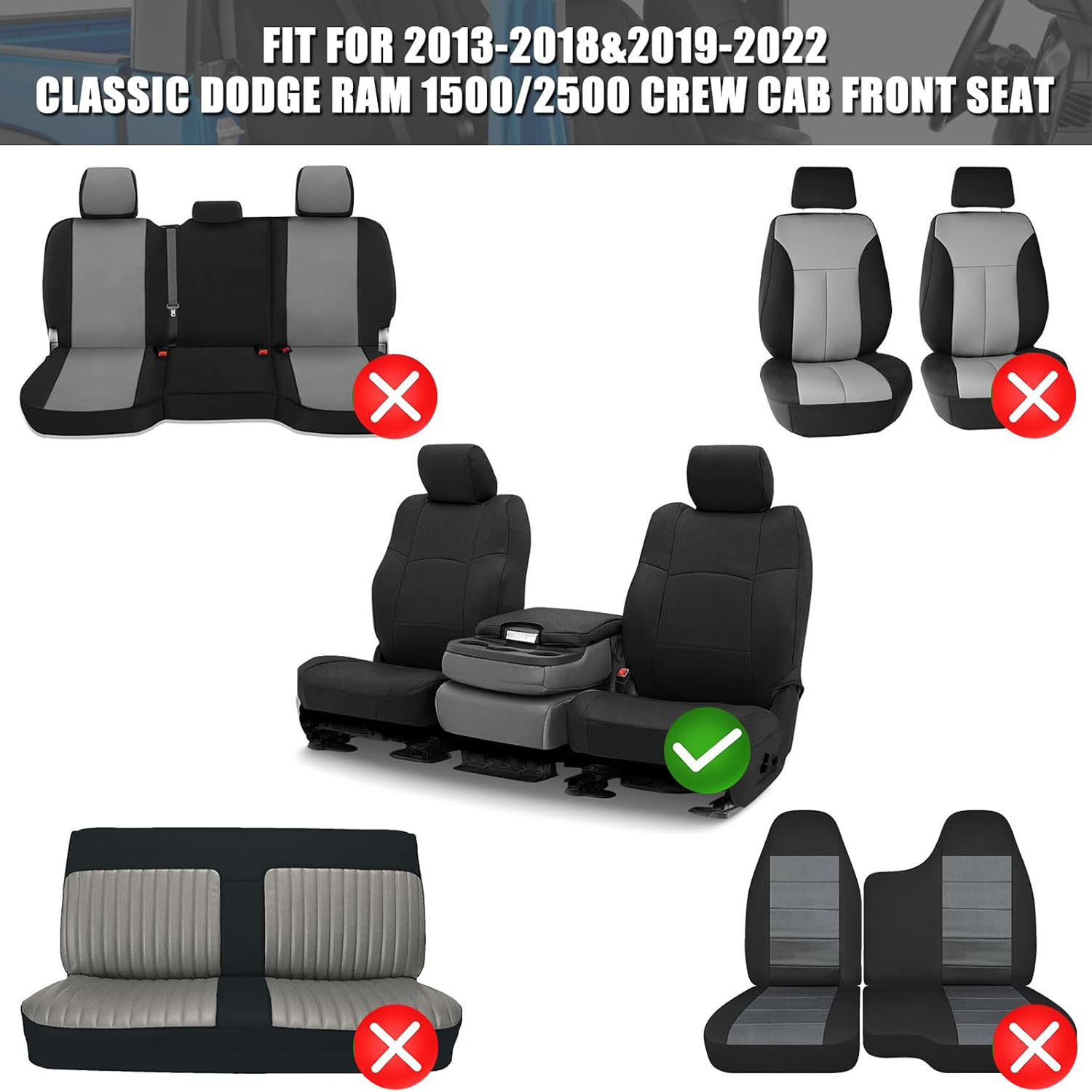 Covelta Front Seat Cover with Console for 2013–2022 Dodge Ram 1500 2500 Crew Cab (Black)