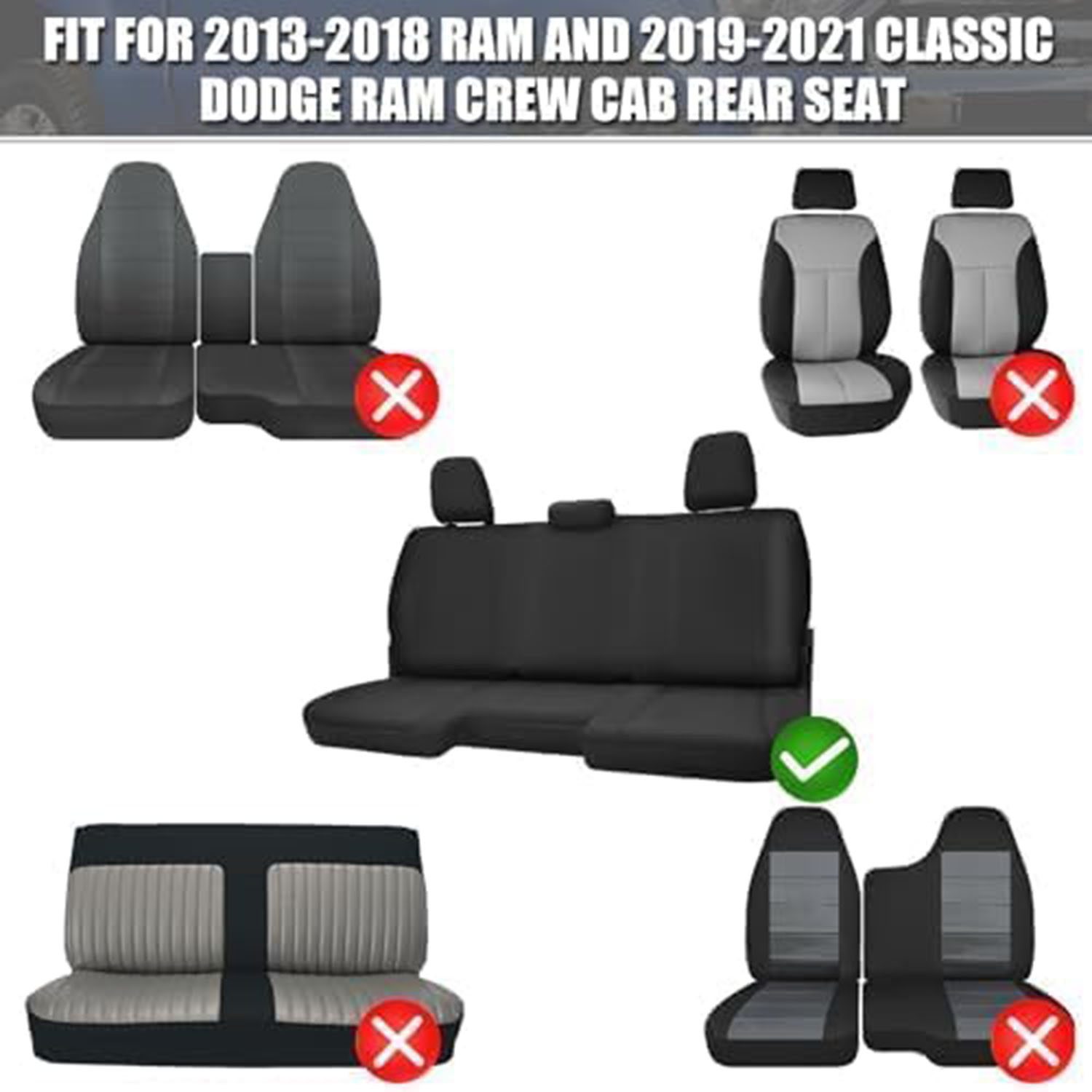 Covelta Rear Bench Seat Cover for 2013–2022 Dodge Ram 1500 2500 Crew Cab (Black)
