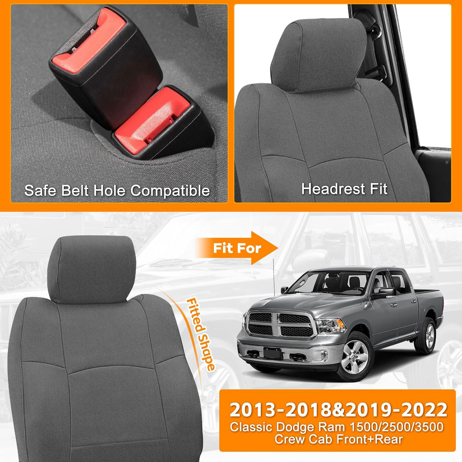 Covelta Front & Rear Seat Cover for 2013–2022 Dodge Ram 1500 2500 Crew Cab (Gray)