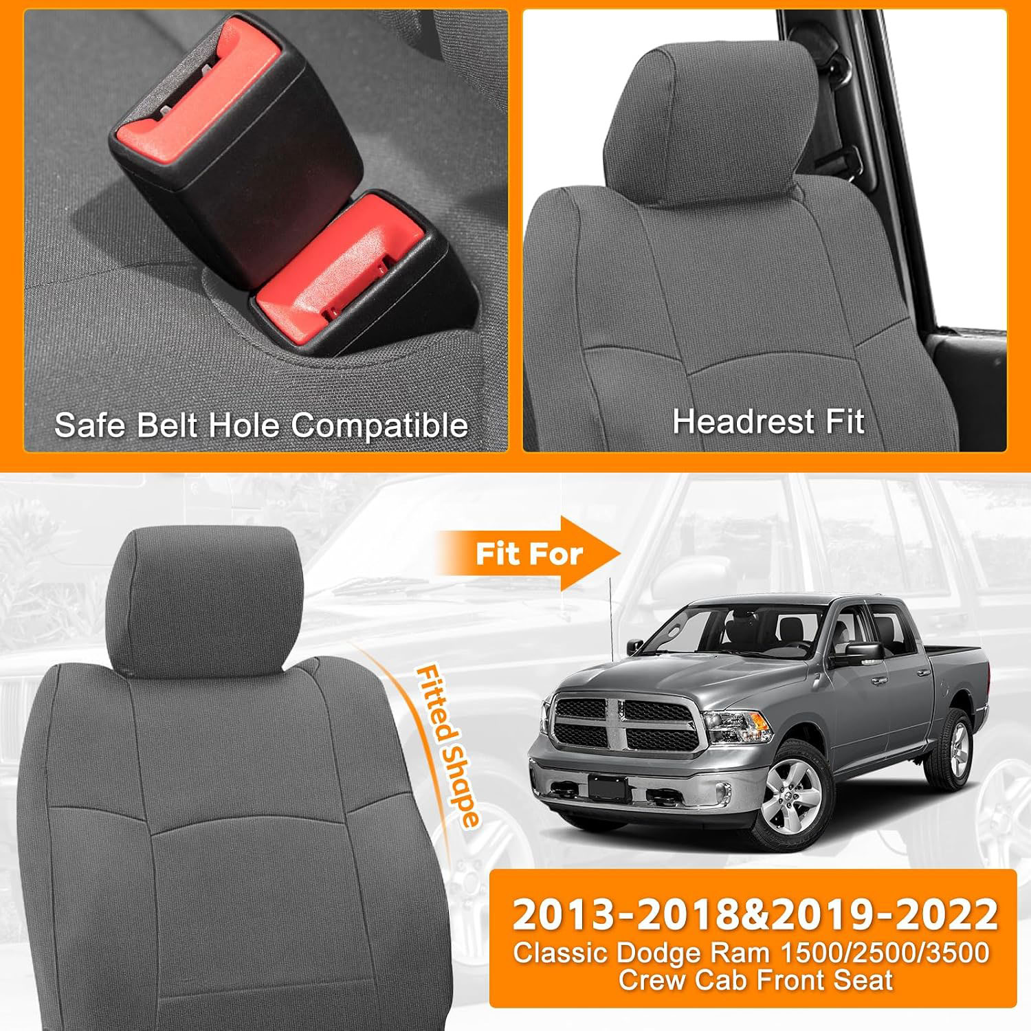 Covelta Front Seat Cover with Console for 2013–2022 Dodge Ram 1500 2500 Crew Cab (Gray)