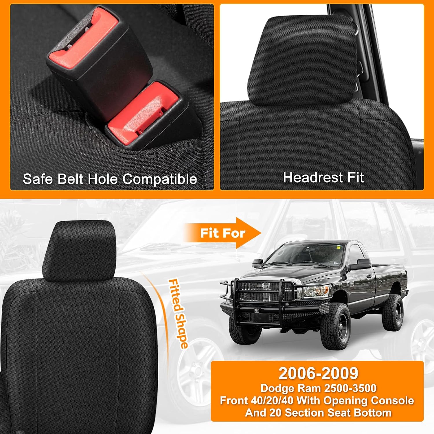 Covelta Front 40/20/40 Split Seat Cover for 2006–2009 Dodge Ram 2500 & 3500（Black）