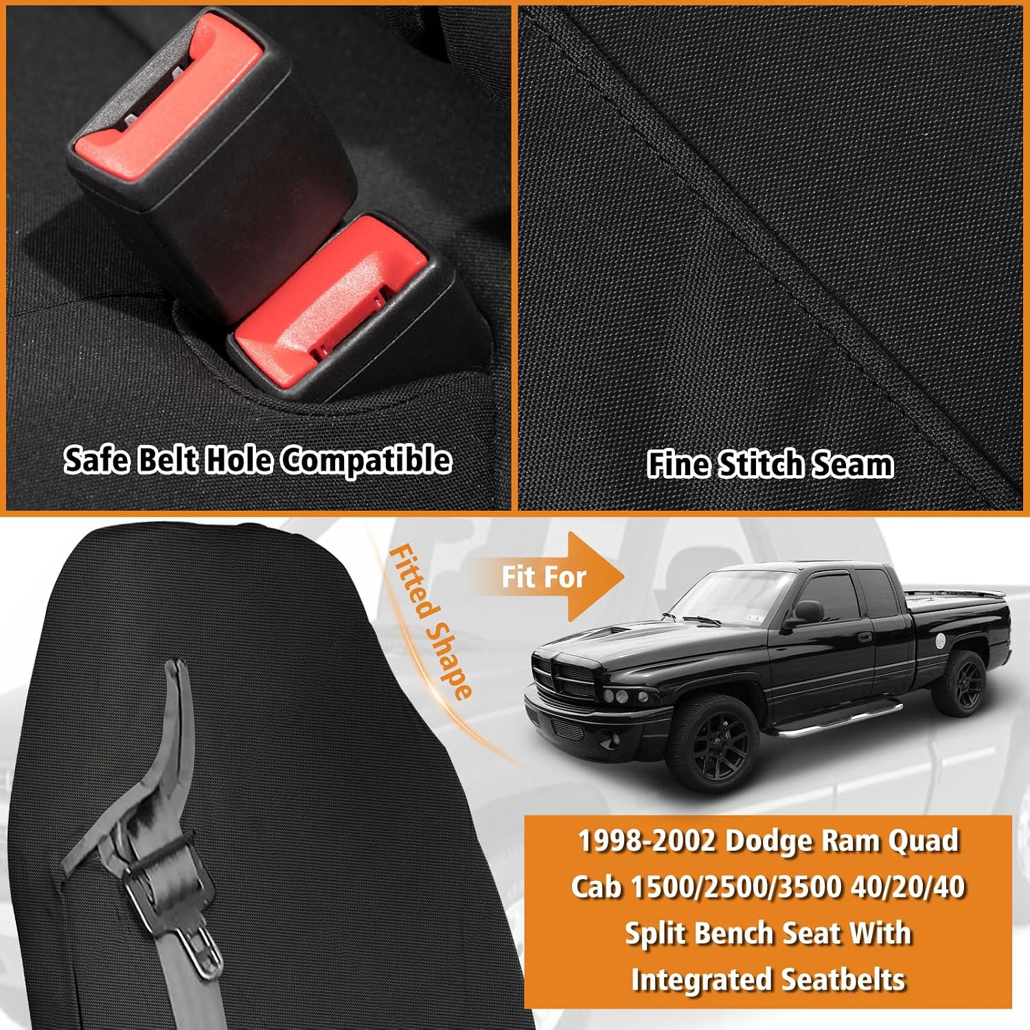 Covelta Front 40/20/40 Split Seat Cover for 1998–2002 Dodge Ram 1500 2500 3500（Black）