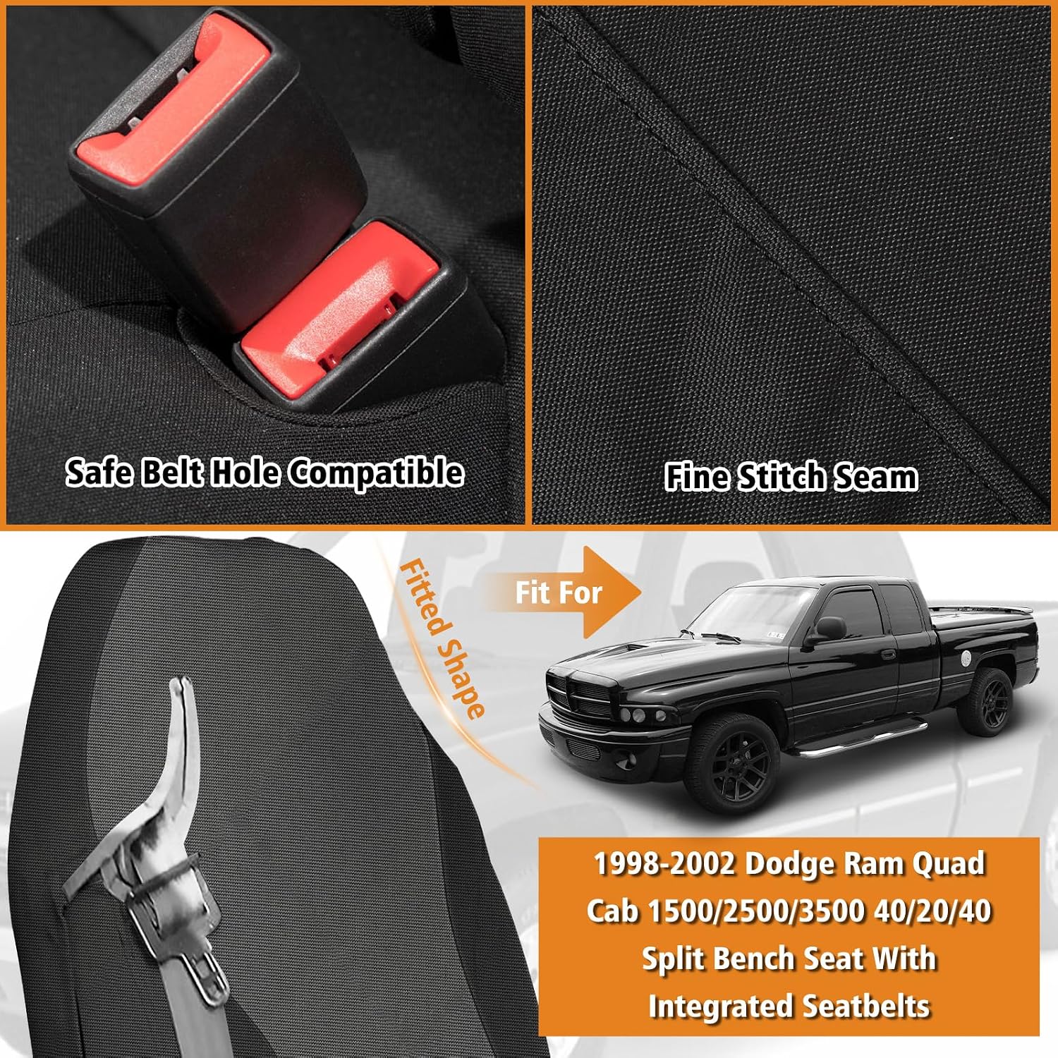 Covelta Front 40/20/40 Split Seat Cover for 1998–2002 Dodge Ram 1500 2500 3500（Gary/Black）