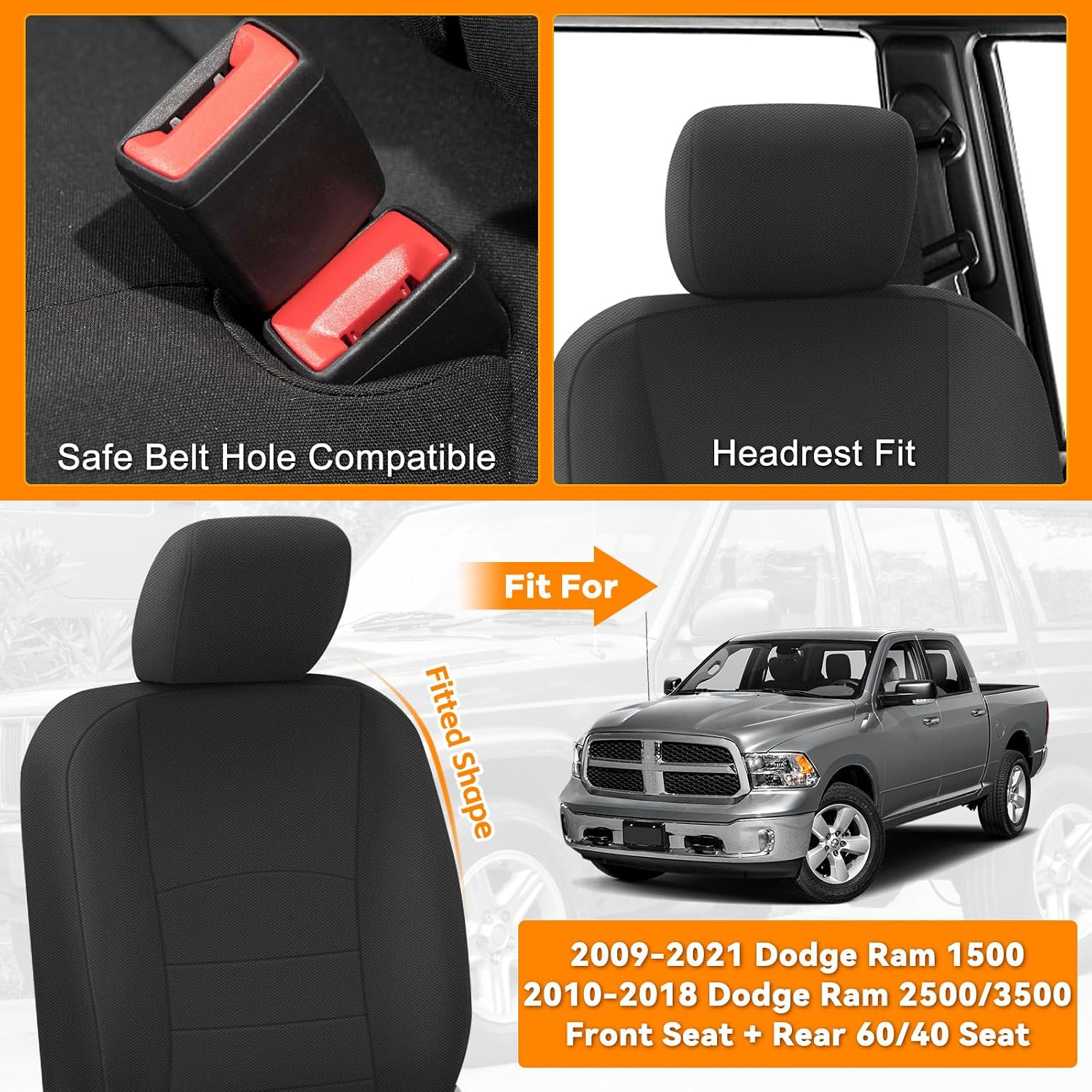 Covelta Front & Rear Seat Cover for 2009–2021 Dodge Ram 1500 2500 3500 Crew Cab (Black)