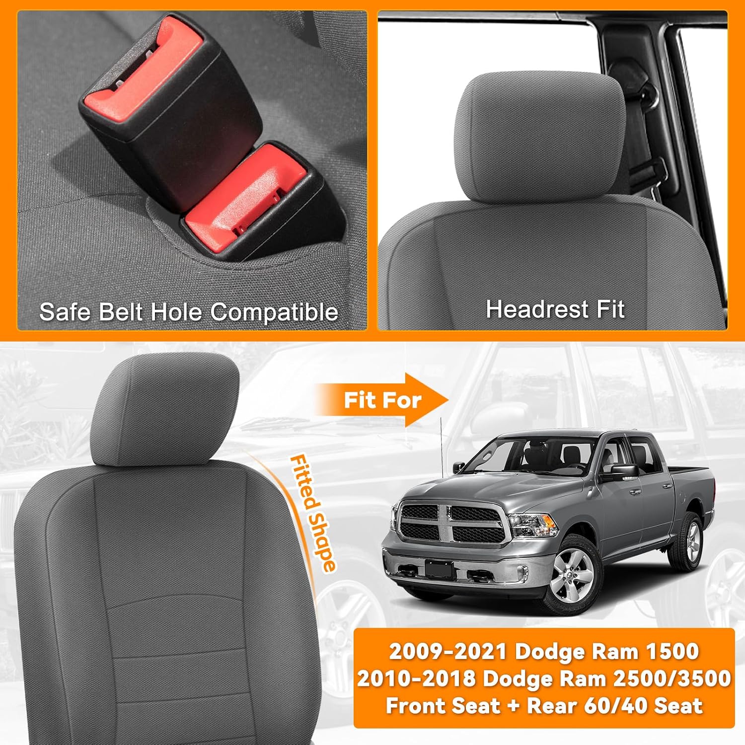 Covelta Front & Rear Seat Cover for 2009–2021 Dodge Ram 1500 2500 3500 Crew Cab (Gray)