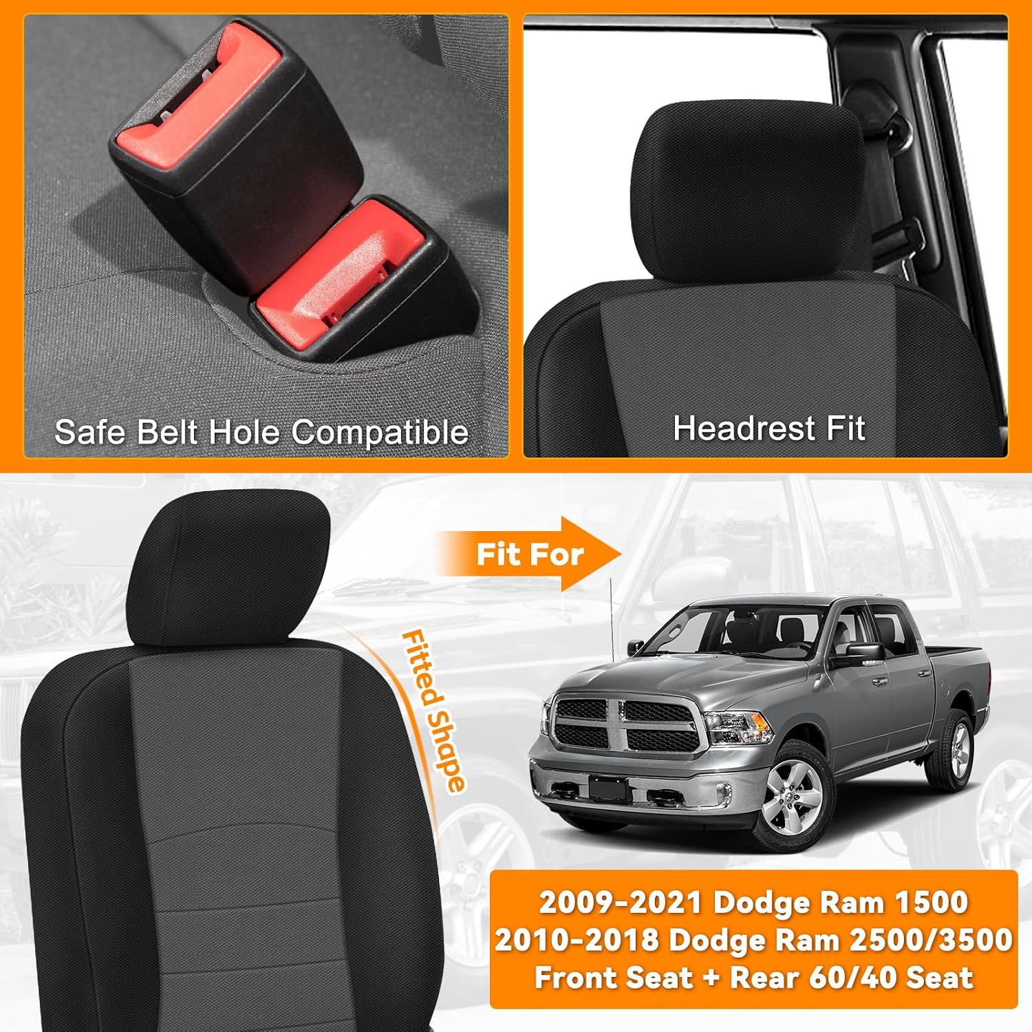 Covelta Front & Rear Seat Cover Set for 2009–2021 Dodge Ram 1500 & 2010–2018 Ram 2500/3500 (Black & Charcoal)