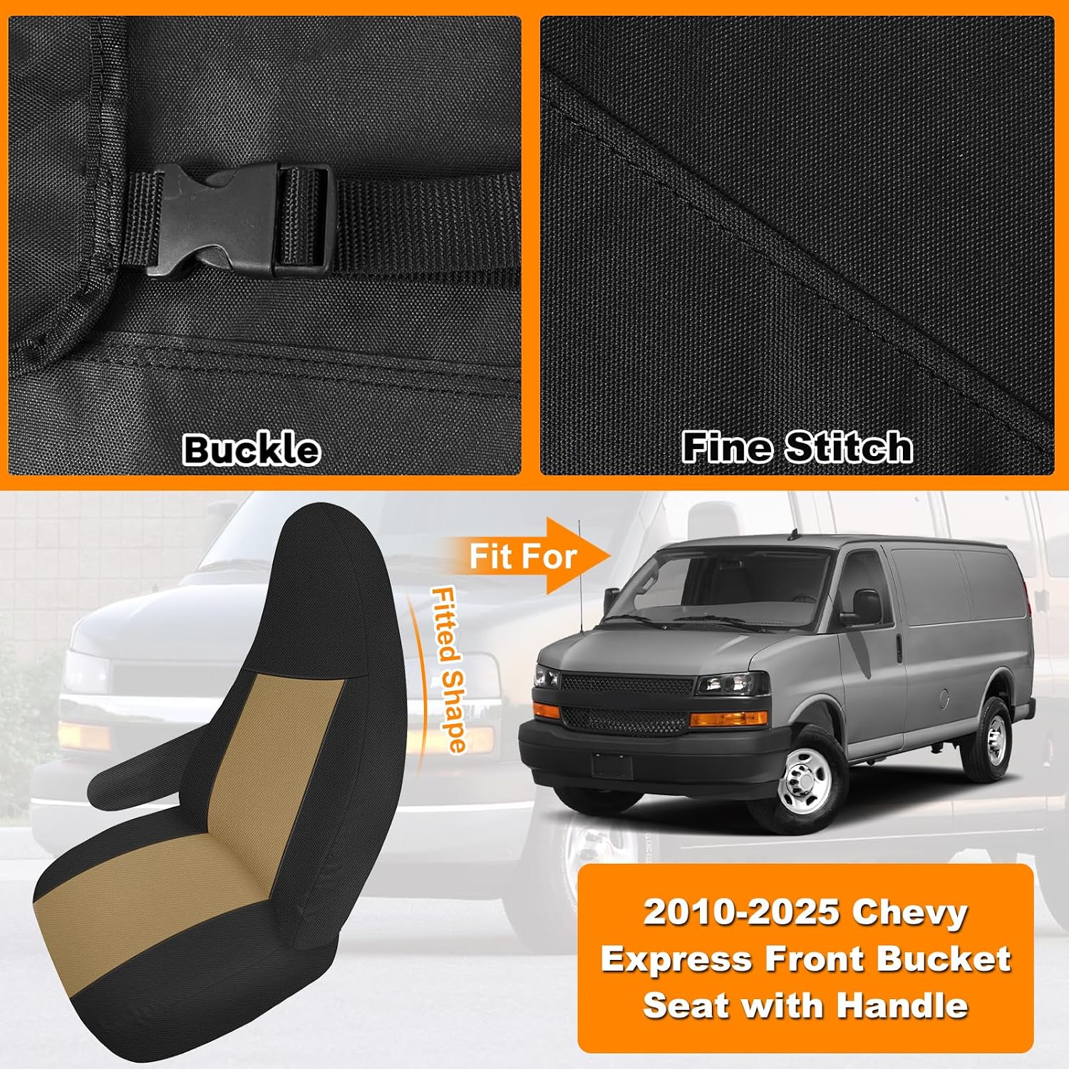 Covelta Front Seat Cover for 2010–2025 Chevy Express Van(Black and Tan)
