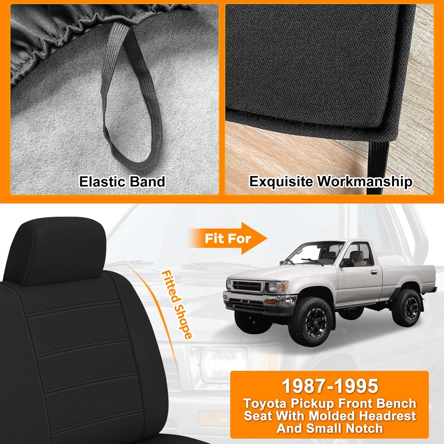 Covelta Front Bench Seat Cover Replacement for 1990–1995 Toyota Pickup/ Hilux（Black）