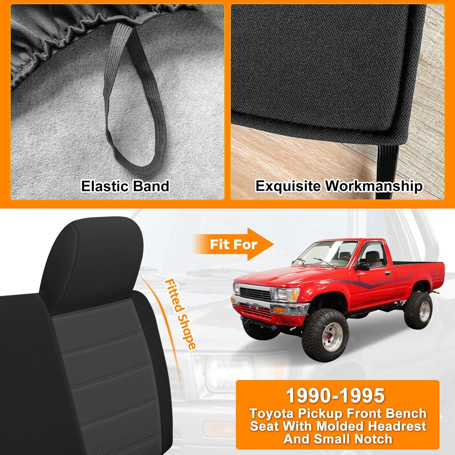 Covelta Front Bench Seat Cover Replacement for 1990–1995 Toyota Pickup/ Hilux（Black & Charcoal）