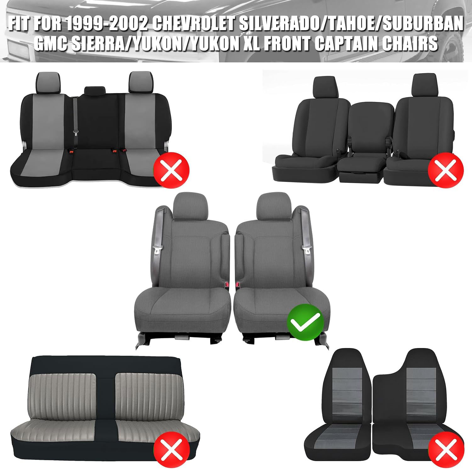 Covelta Front Captain Chair Seat Covers for 1999–2002 Chevy Silverado & GMC Sierra（Dark gray）